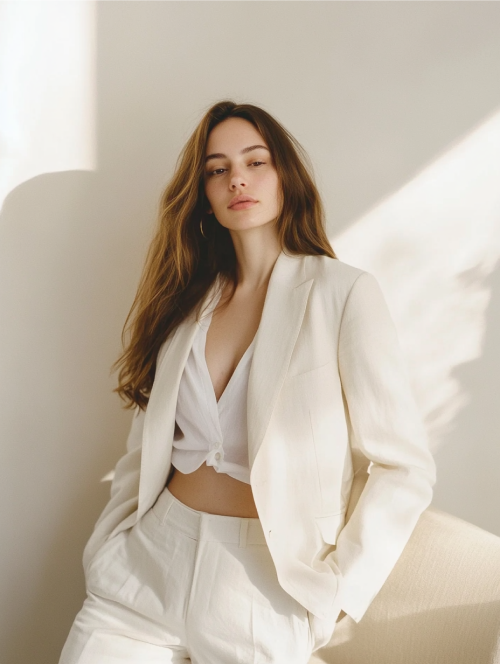 Young woman with long brown hair wearing a white suit and matching blouse, standing against a light-colored wall with natural light.