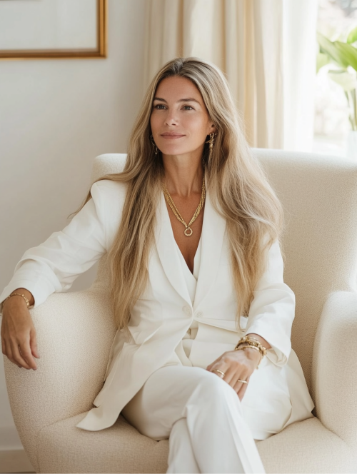 A woman with long blonde hair and gold jewelry sitting on a cream armchair in a bright room with beige curtains.