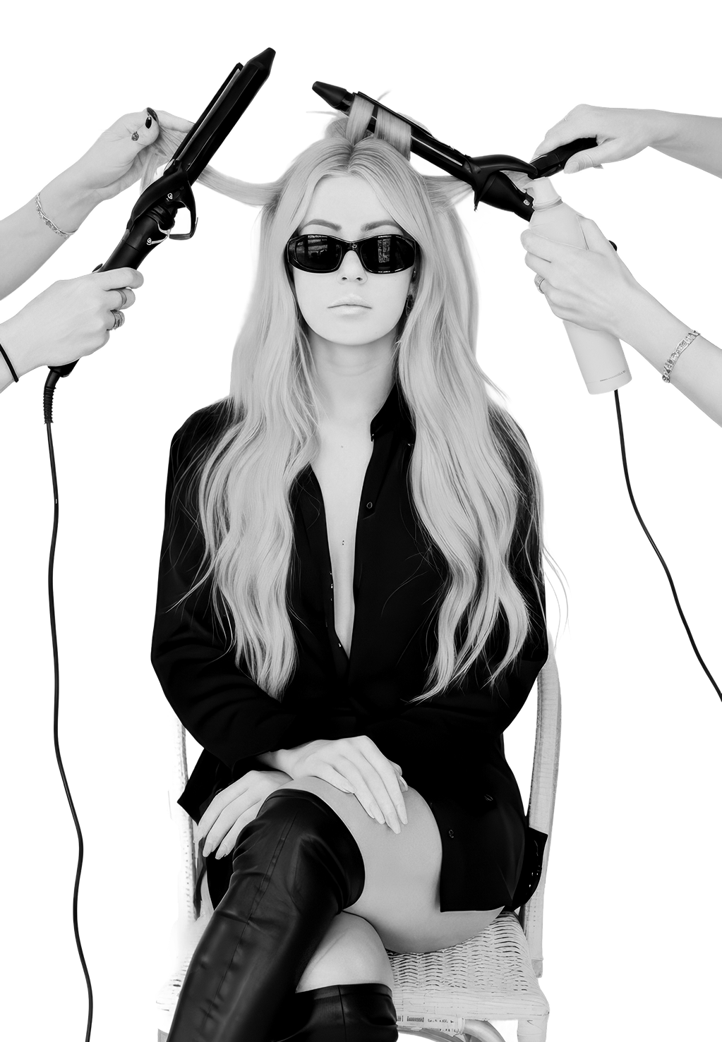 A woman with long, wavy blonde hair is sitting on a chair, wearing sunglasses and a black outfit. Multiple hands are styling her hair with curling irons.
