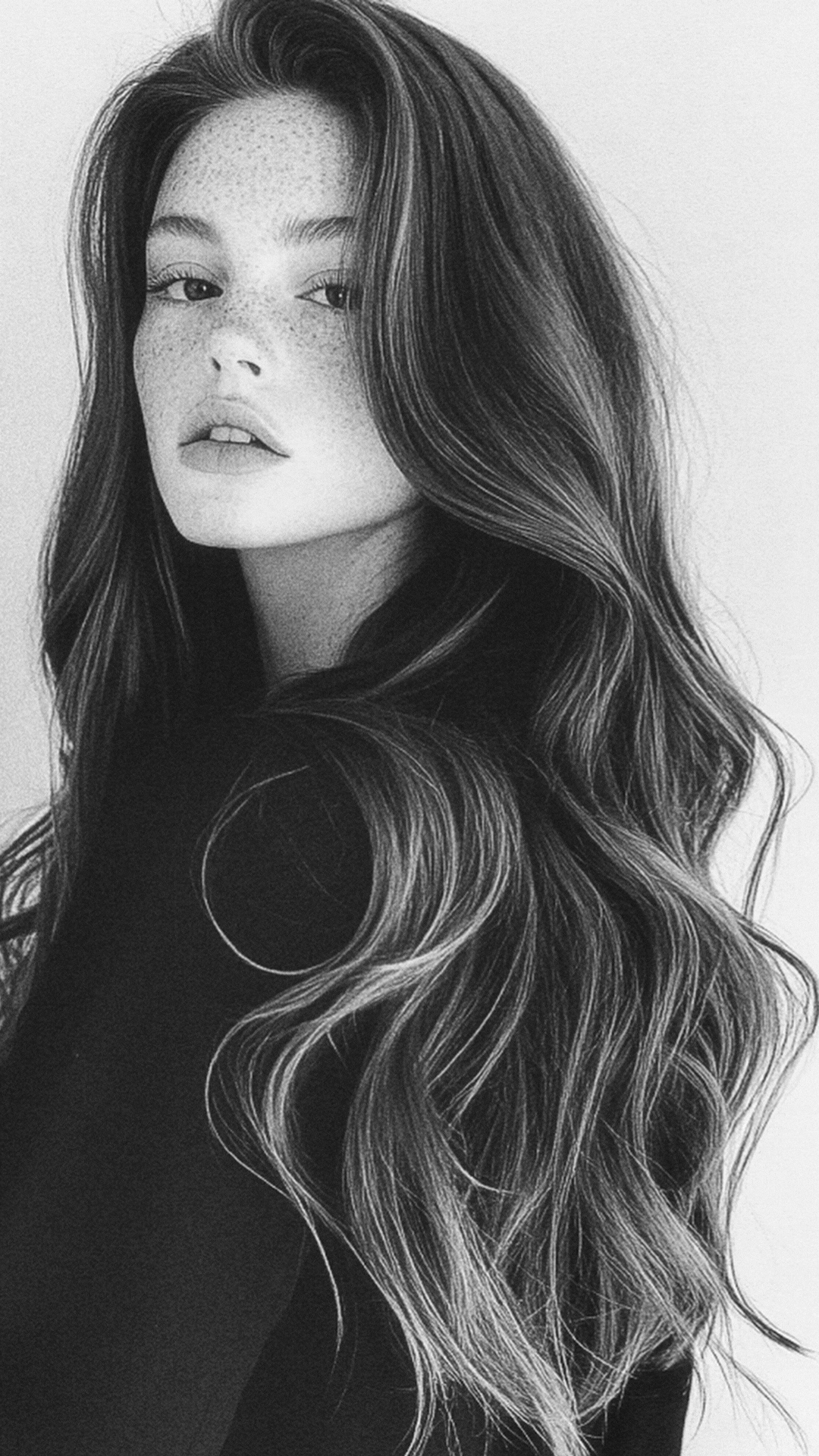 Black and white portrait of a woman with long wavy hair, freckles, and light makeup, looking at the camera.