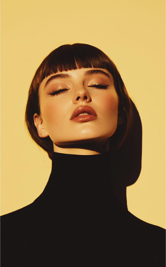 A woman with short brown hair, closed eyes, glossy lips, and wearing a black turtleneck against a yellow background.