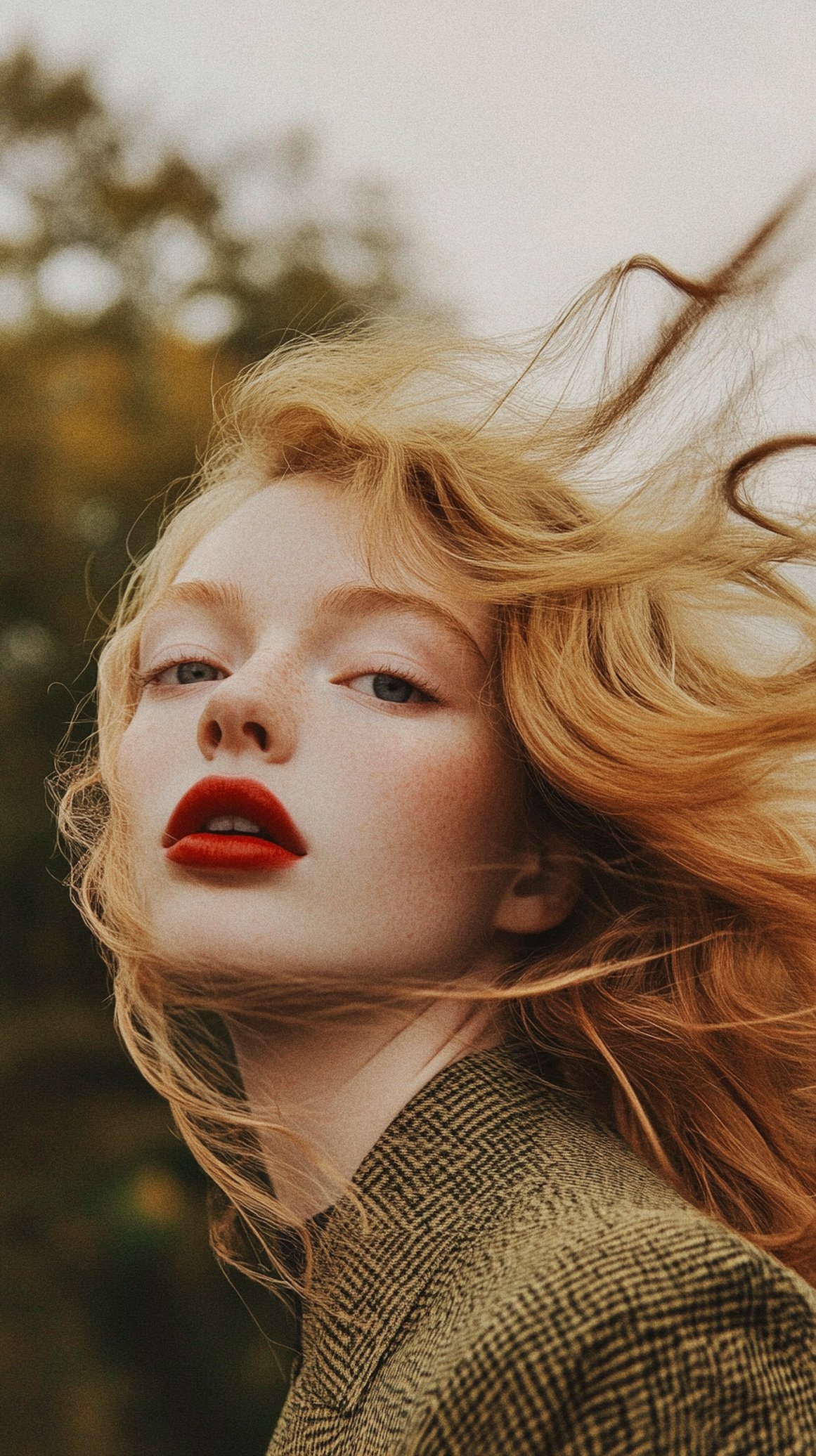 A woman with red hair and fair skin poses outdoors with her hair flowing in the wind, wearing red lipstick and a checkered blazer.