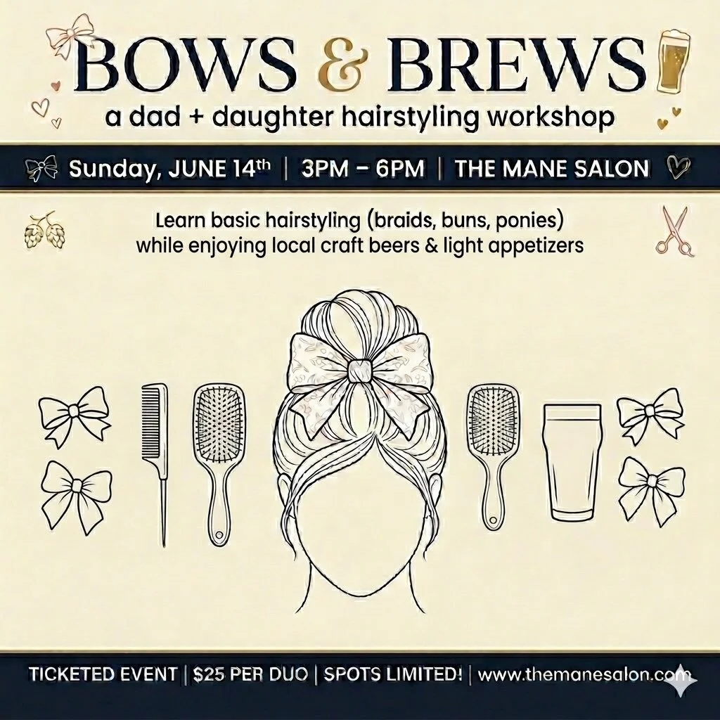 Calling all dads!  Ready to level up your hairstyling game and trade the &ldquo;tangled mess&rdquo; for a perfect braid?
Join us for &lsquo;Bows &amp; Brews&rsquo;, a dad and daughter hairstyling workshop where you&rsquo;ll learn the basics of braids