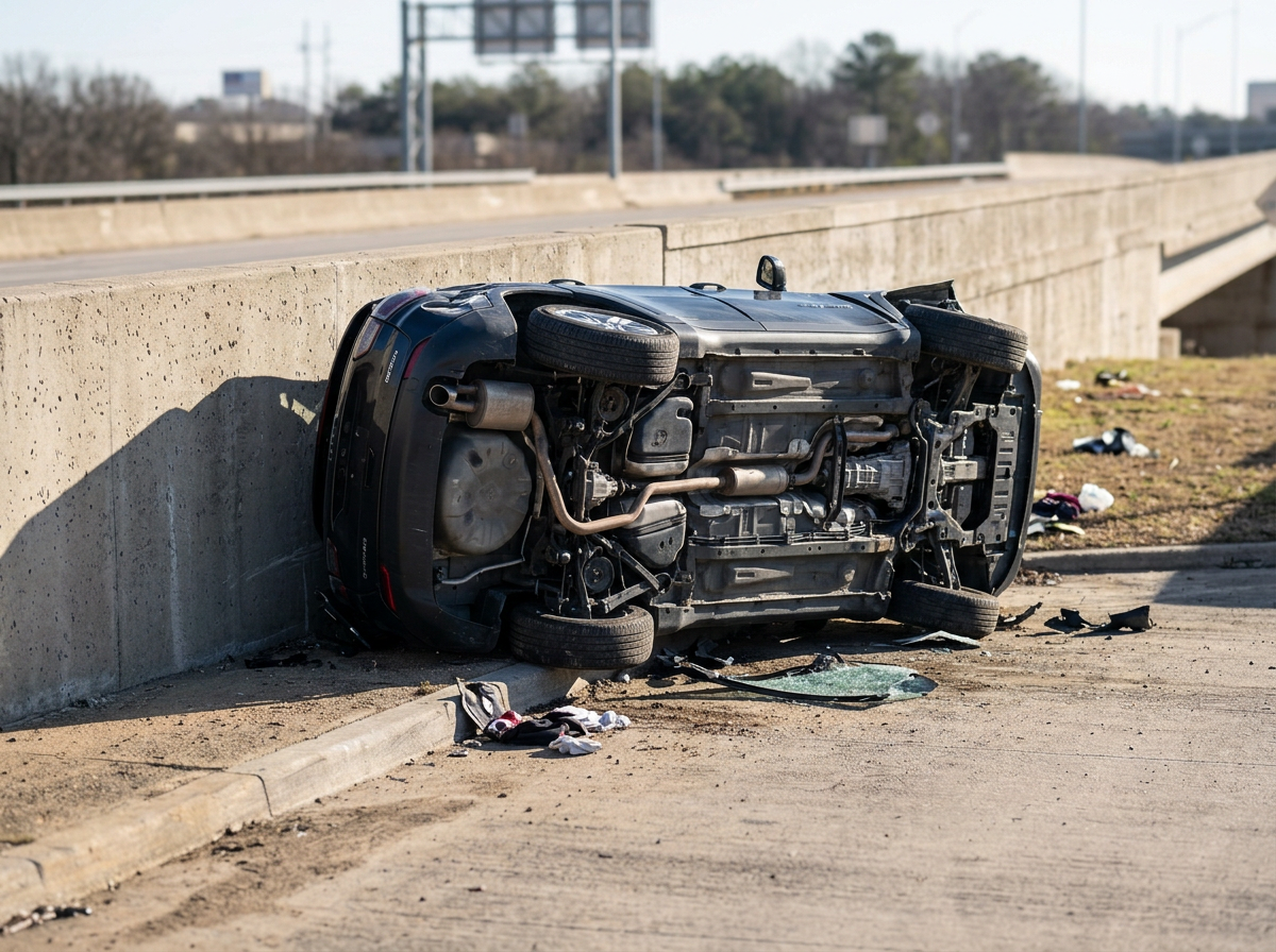 A black car is flipped upside down on the side of a road, with debris and scattered belongings around it, next to a concrete barrier.