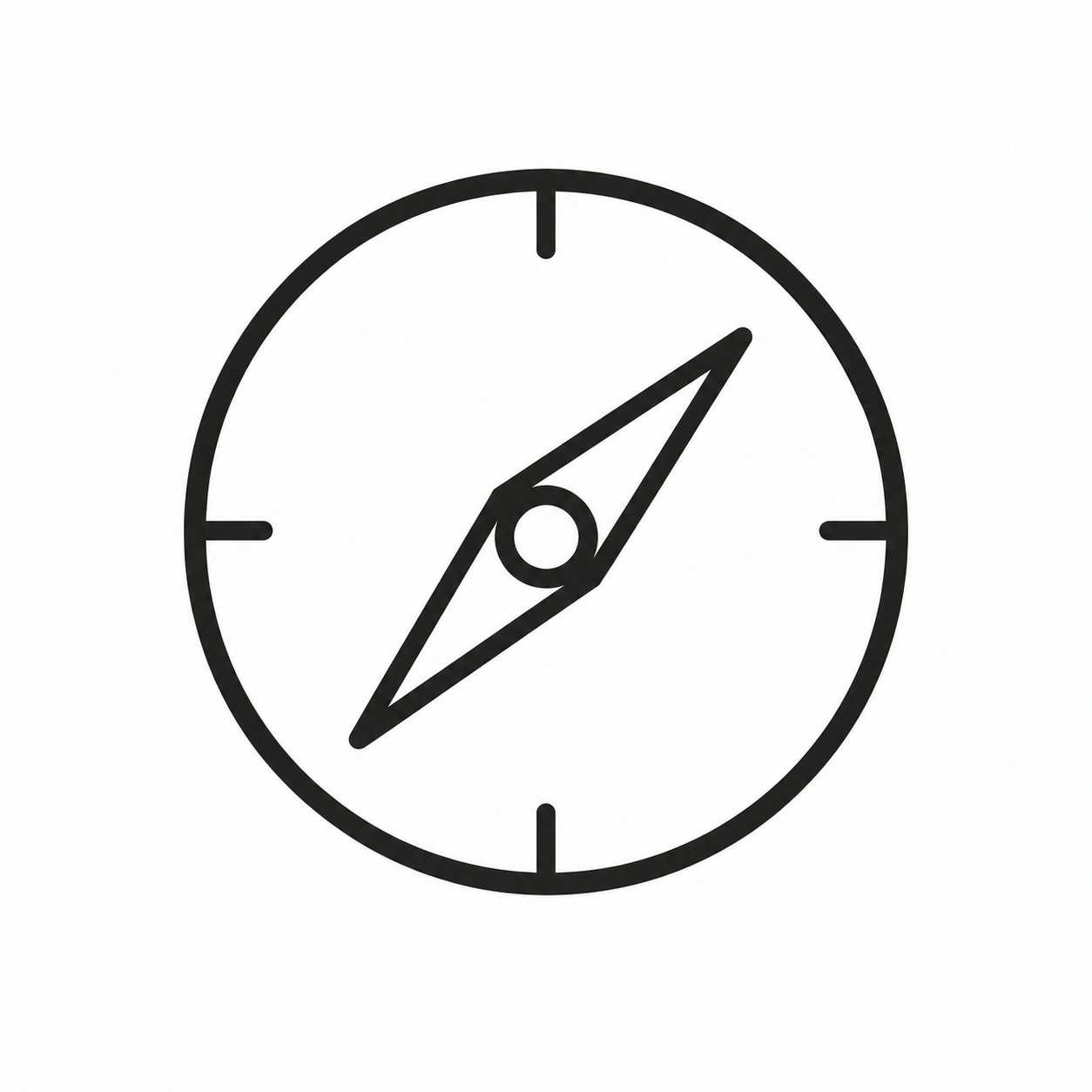 A black and white compass with a needle pointing northeast.