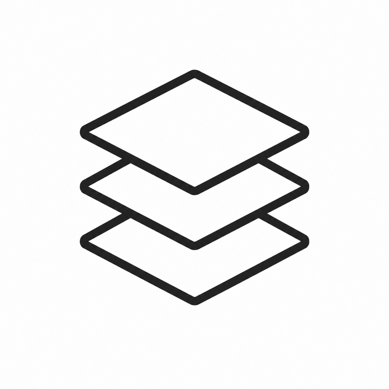 Outlined icon of three stacked layers or sheets.