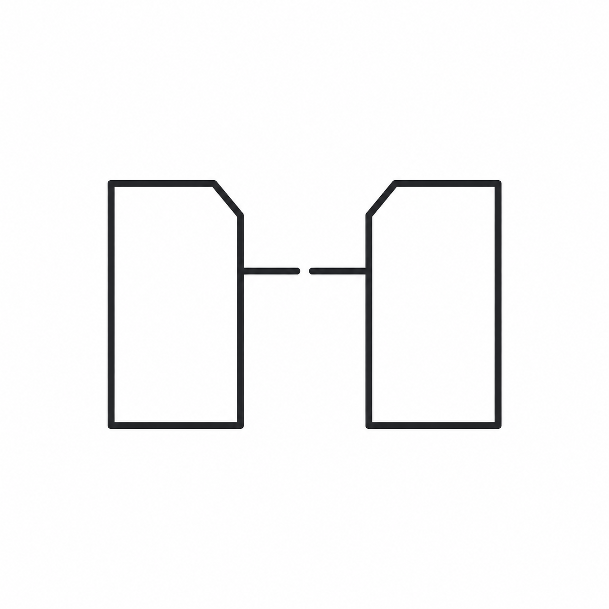 A technical line drawing showing two symmetrical rectangular containers connected by a horizontal pipe.