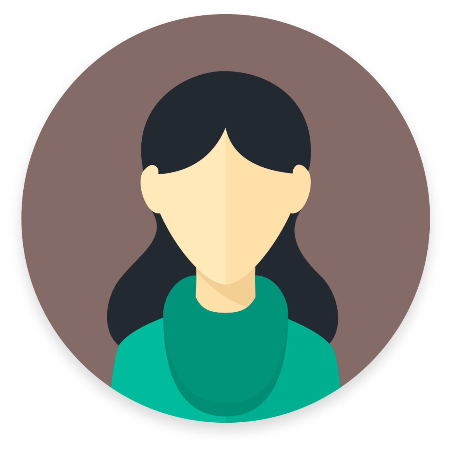 Illustration of a faceless woman with black hair and wearing a teal top, set against a brown circular background.