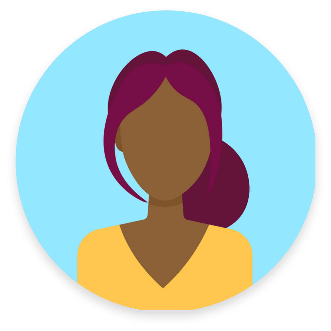Digital illustration of a woman with brown skin and long purple hair, wearing a yellow top, against a light blue background.