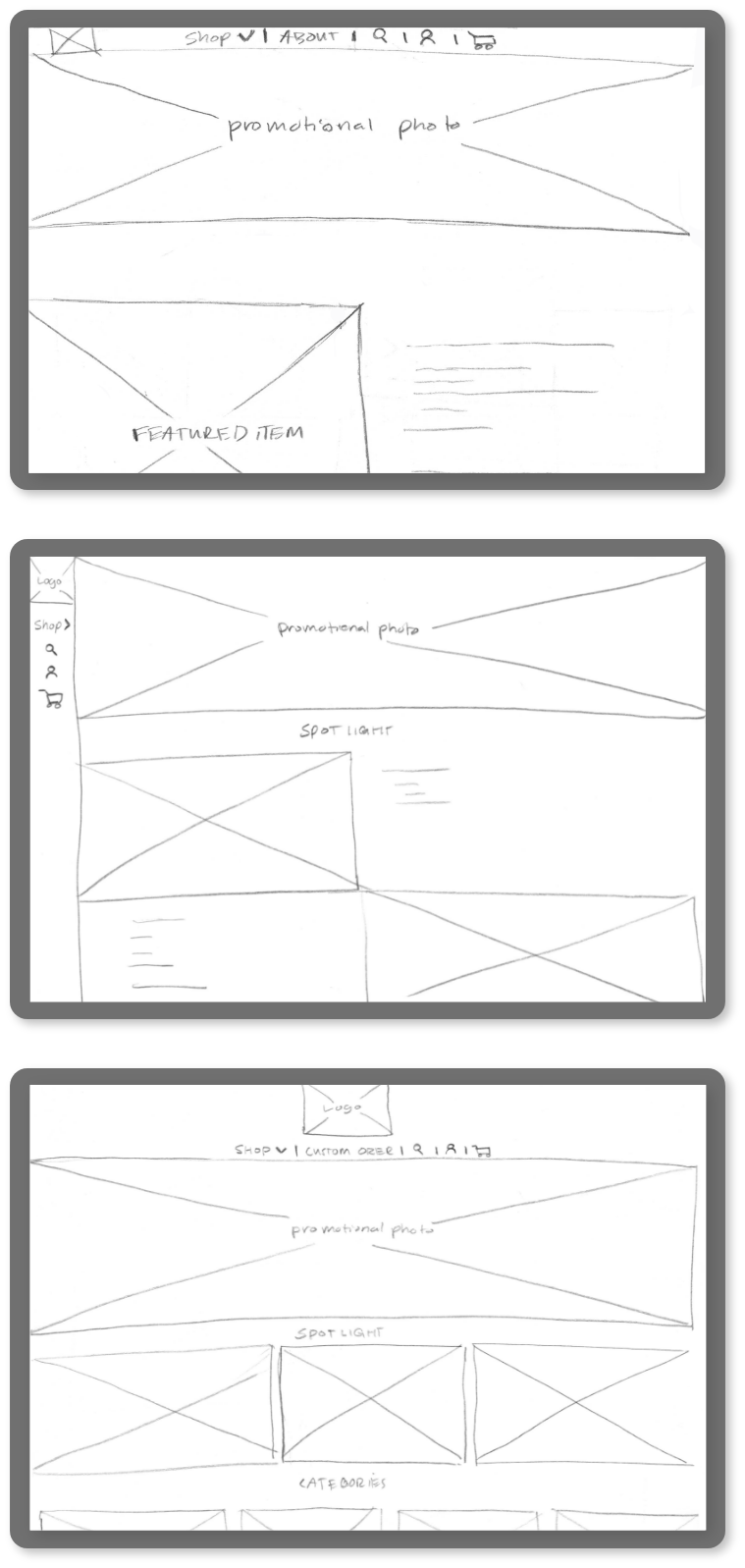 Three wireframe sketches of e-commerce website layouts, each including areas for a logo, navigation menu, promotional photo, featured item or categories section, and additional content sections.