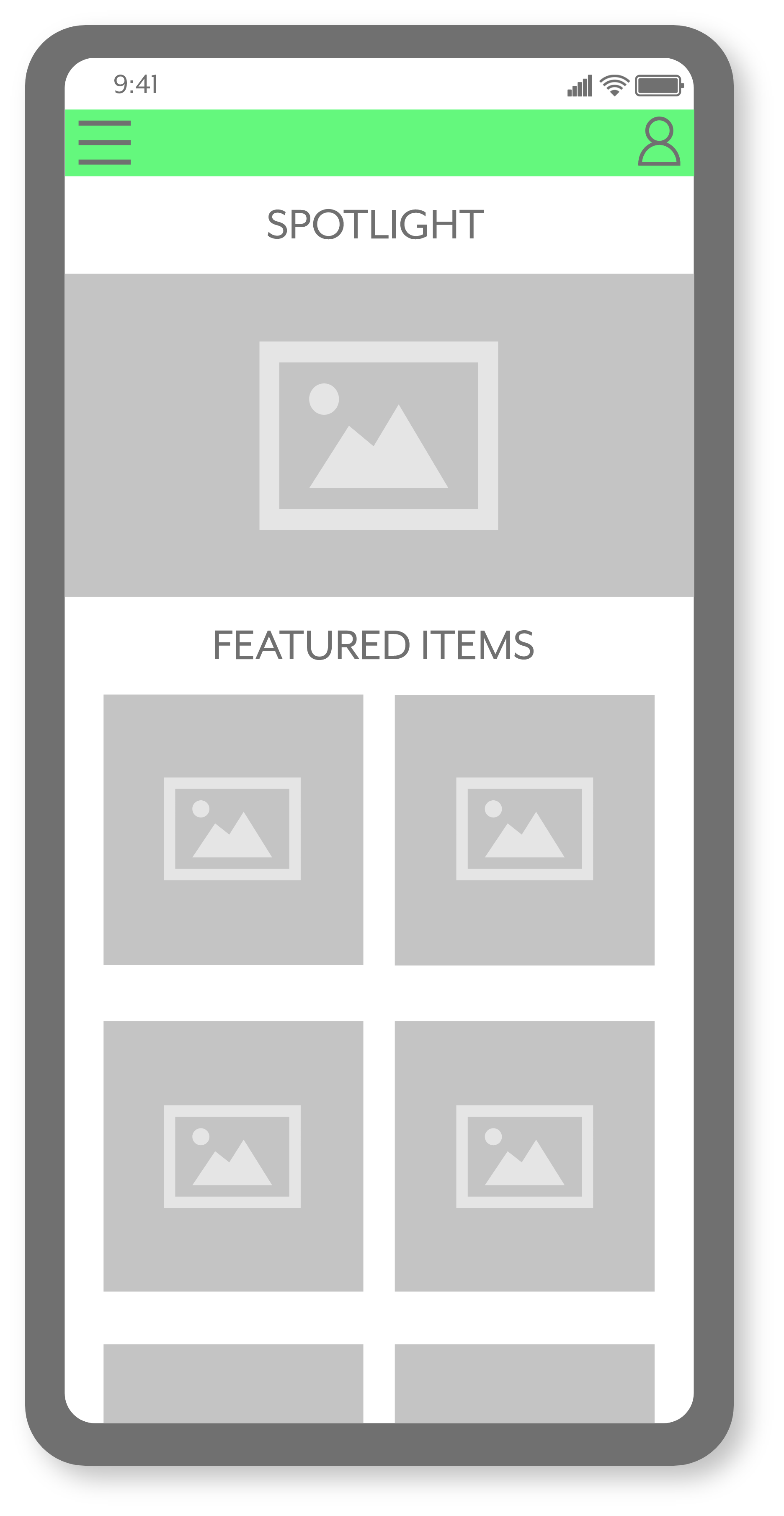 A grayscale mobile app mockup with a green header bar, displaying a menu icon, user profile icon, and a signal strength indicator. The app screen shows a section labeled 'SPOTLIGHT' with a placeholder image, and below that a 'FEATURED ITEMS' section with multiple placeholder images arranged in a grid.