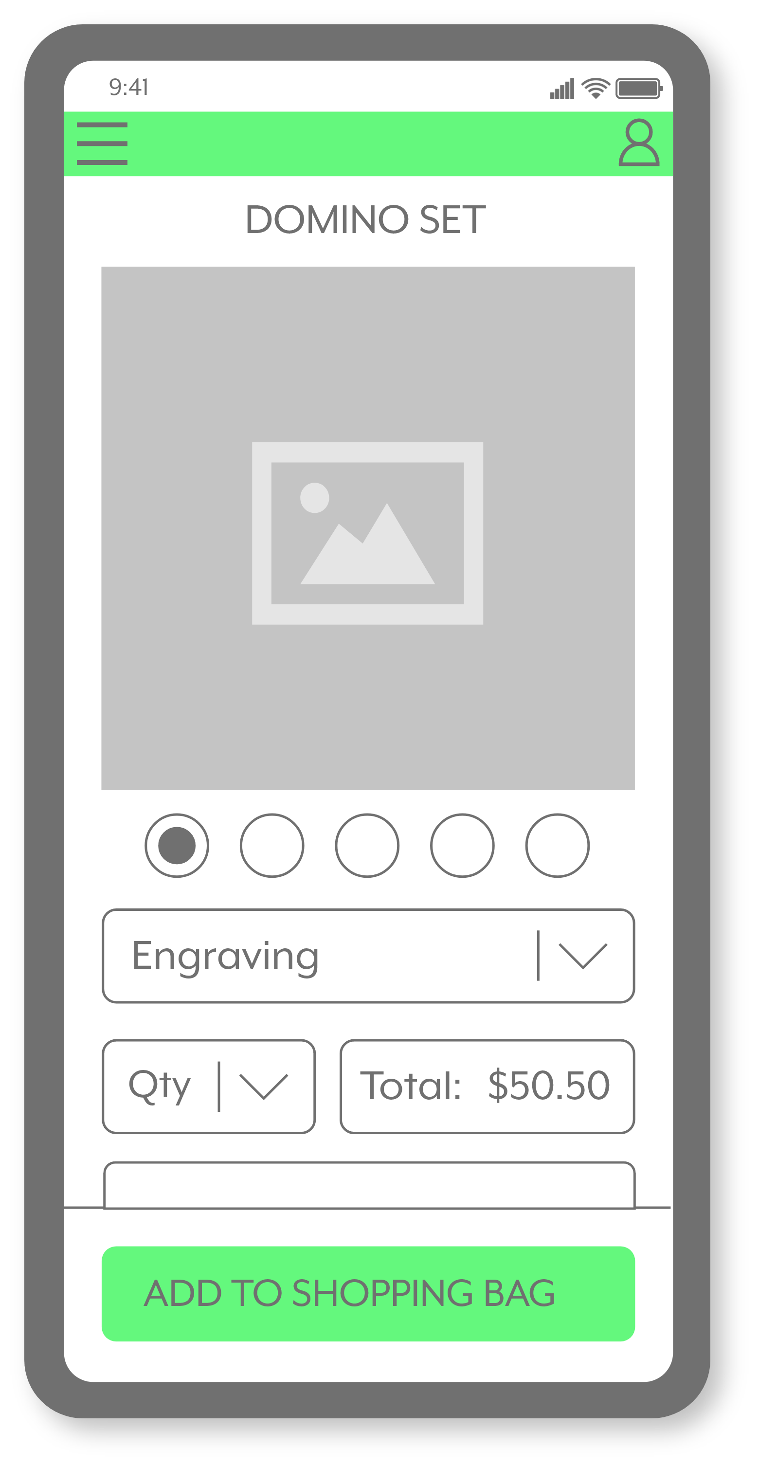 Mobile app screen showing a product called domino set with an image placeholder, options for engraving and quantity, and a total price of $50.50 with an add to shopping bag button.