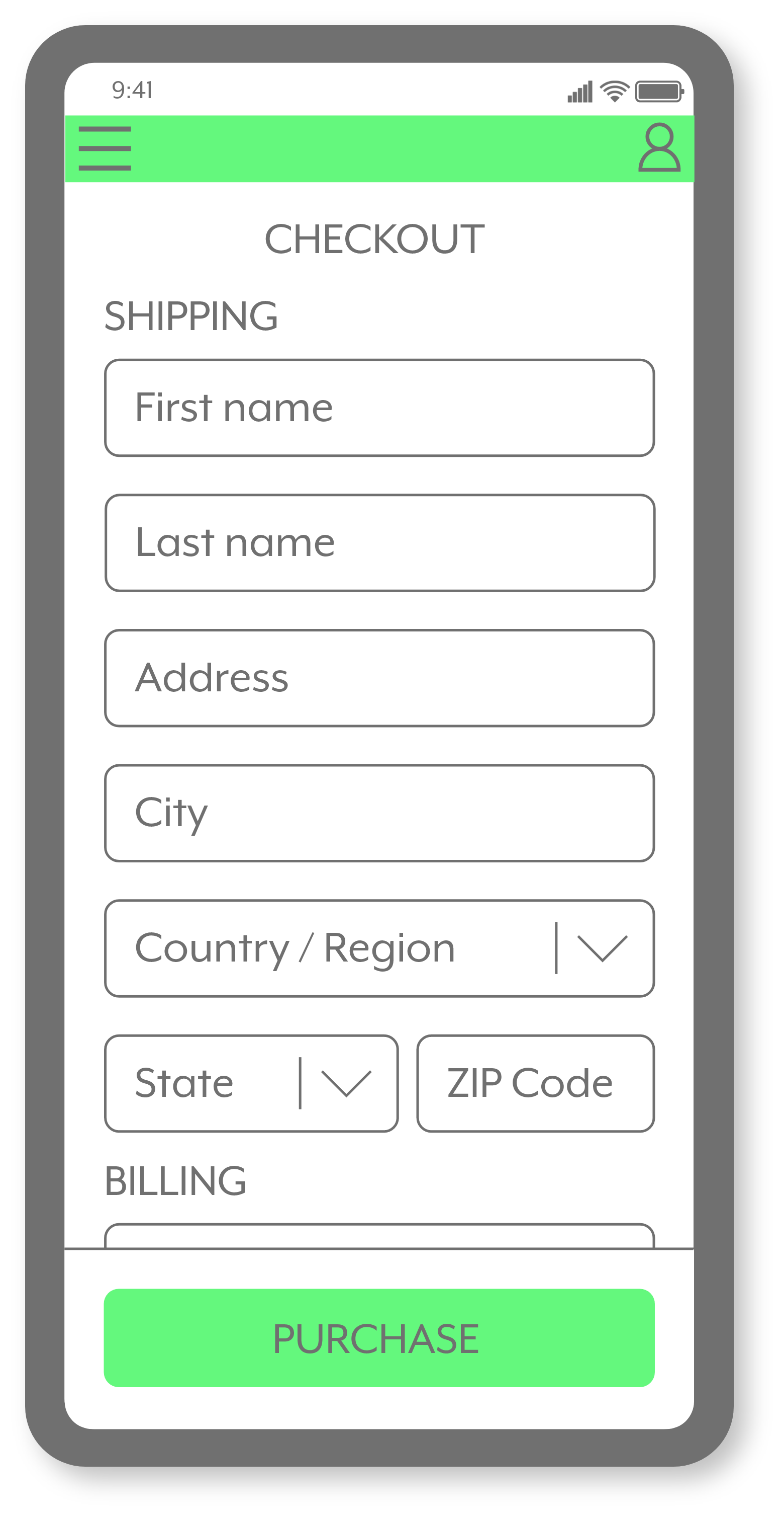 Mobile checkout screen with shipping and billing forms, a green purchase button, and a navigation menu icon.