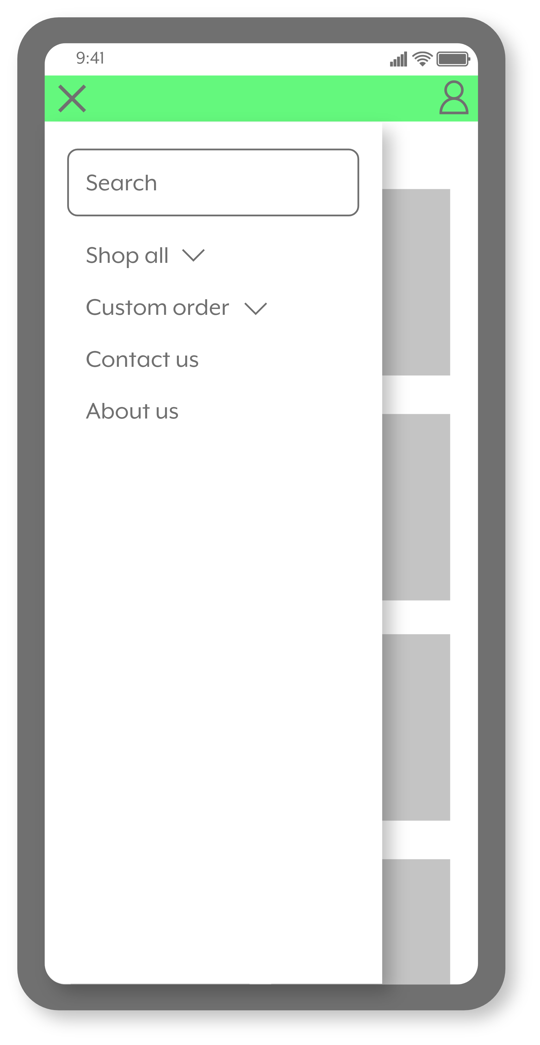 Mobile app interface with a menu overlay showing search bar, 'Shop all,' 'Custom order,' 'Contact us,' and 'About us' options, with a green top bar and profile icon.