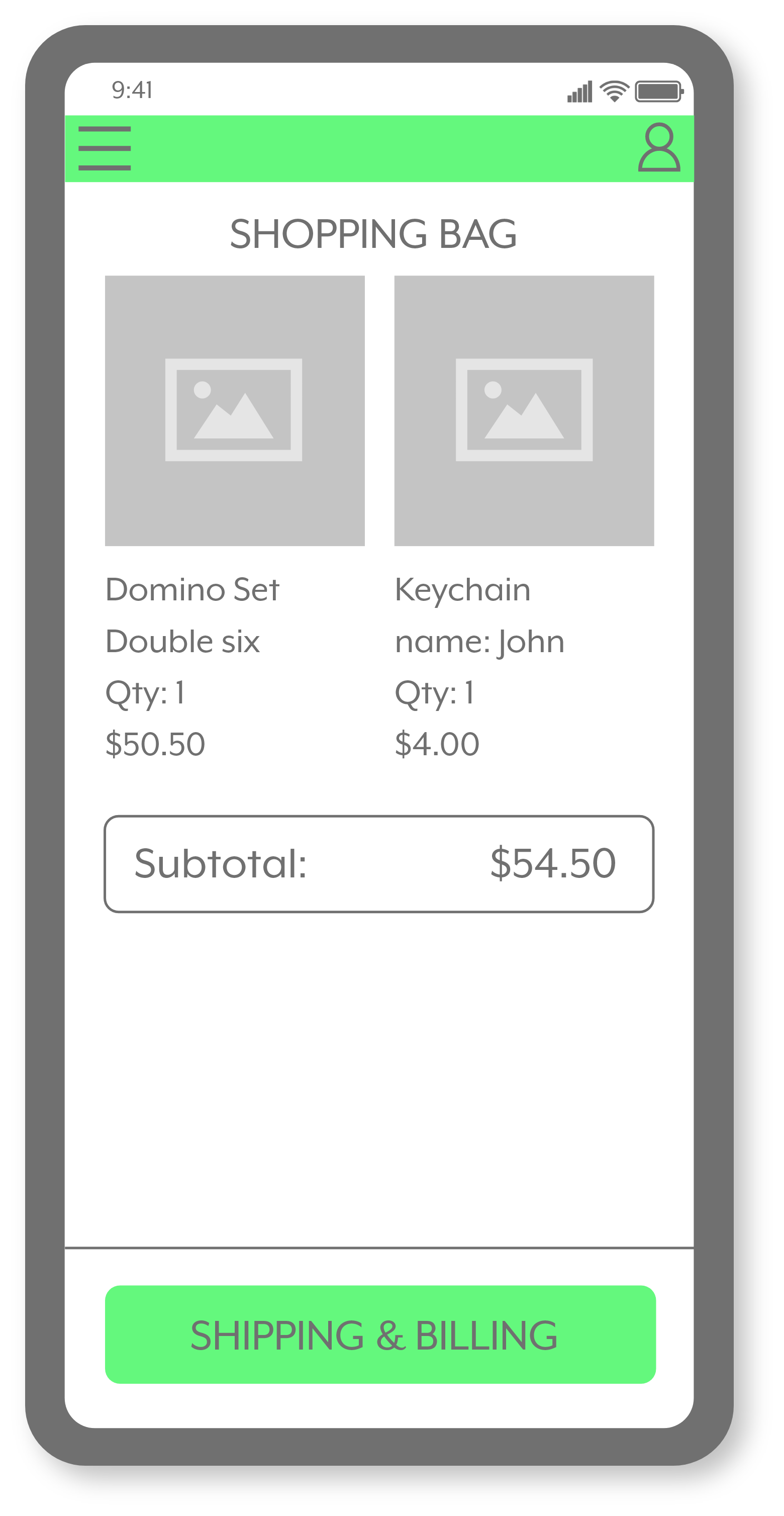 Mobile app shopping cart screen showing a pickup order with a domino set and a keychain named John, totaling $54.50.