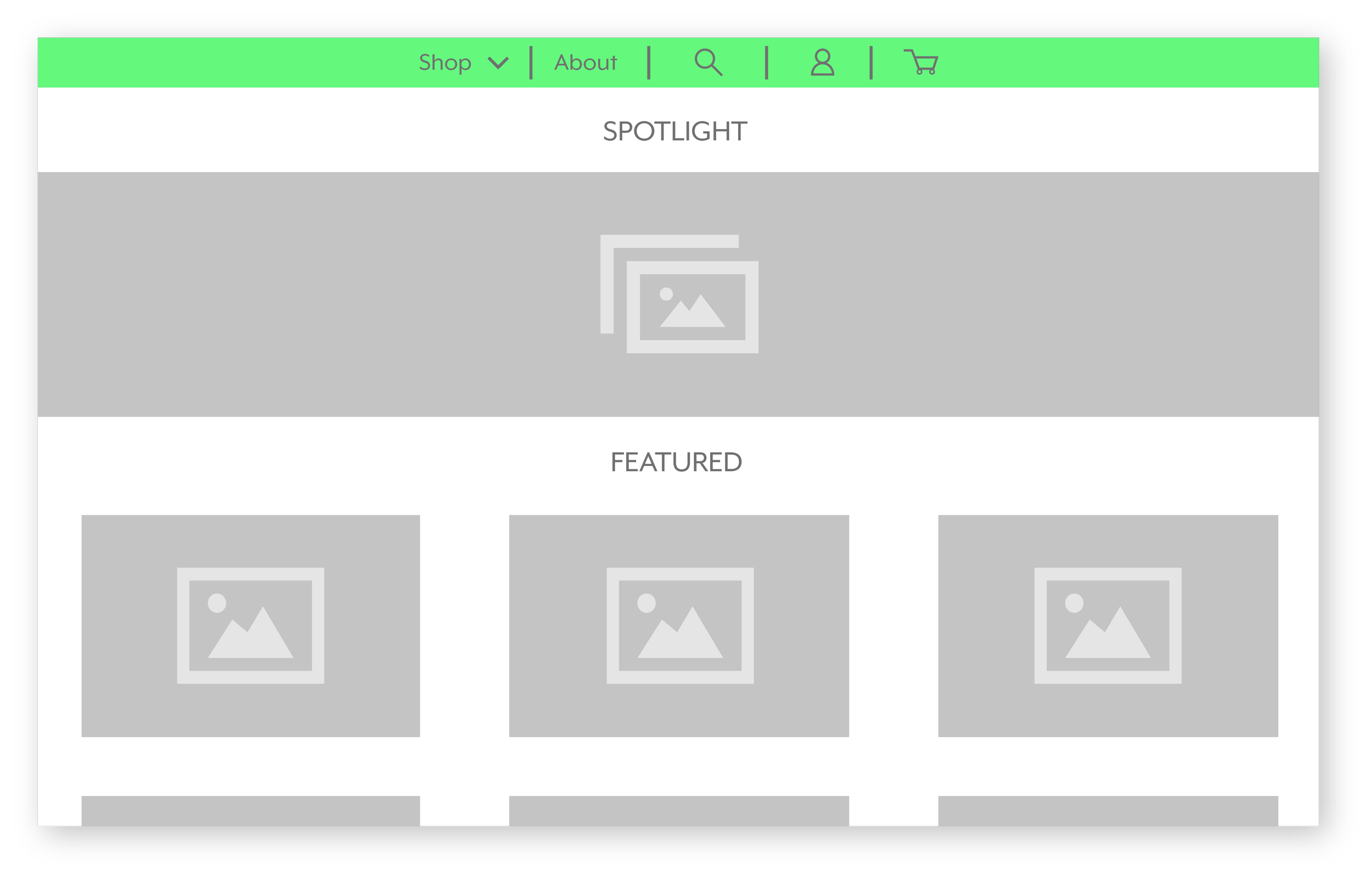Screenshot of a website with a green top menu bar, including options for shop, about, search, user account, and shopping cart. The page has sections labeled Spotlight and Featured, with placeholder images in gray boxes.