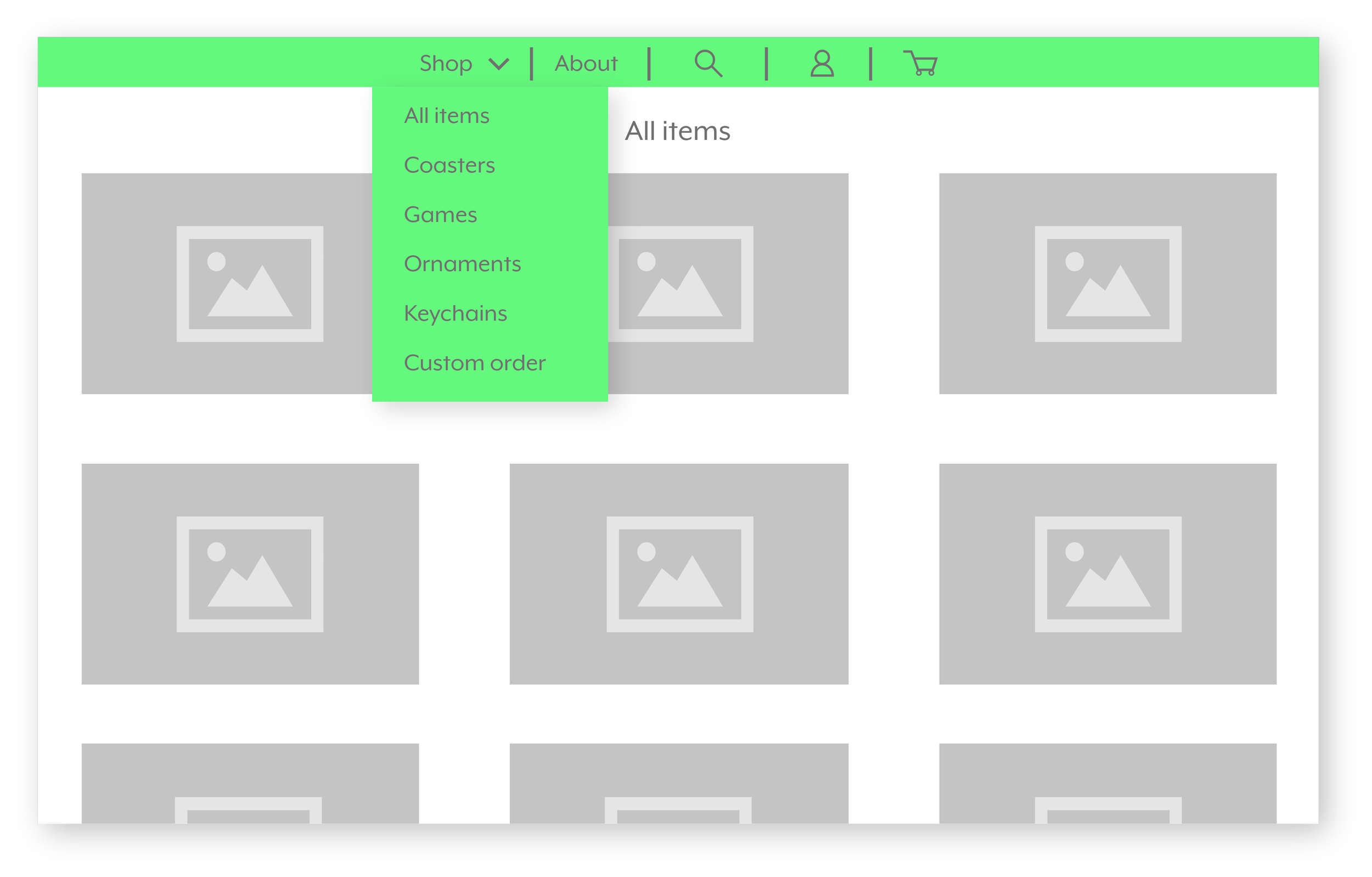 Online shopping website homepage with a green navigation bar at the top, including links to various categories such as all items, coasters, games, ornaments, keychains, and custom orders. The page displays a grid of nine placeholder images for products.