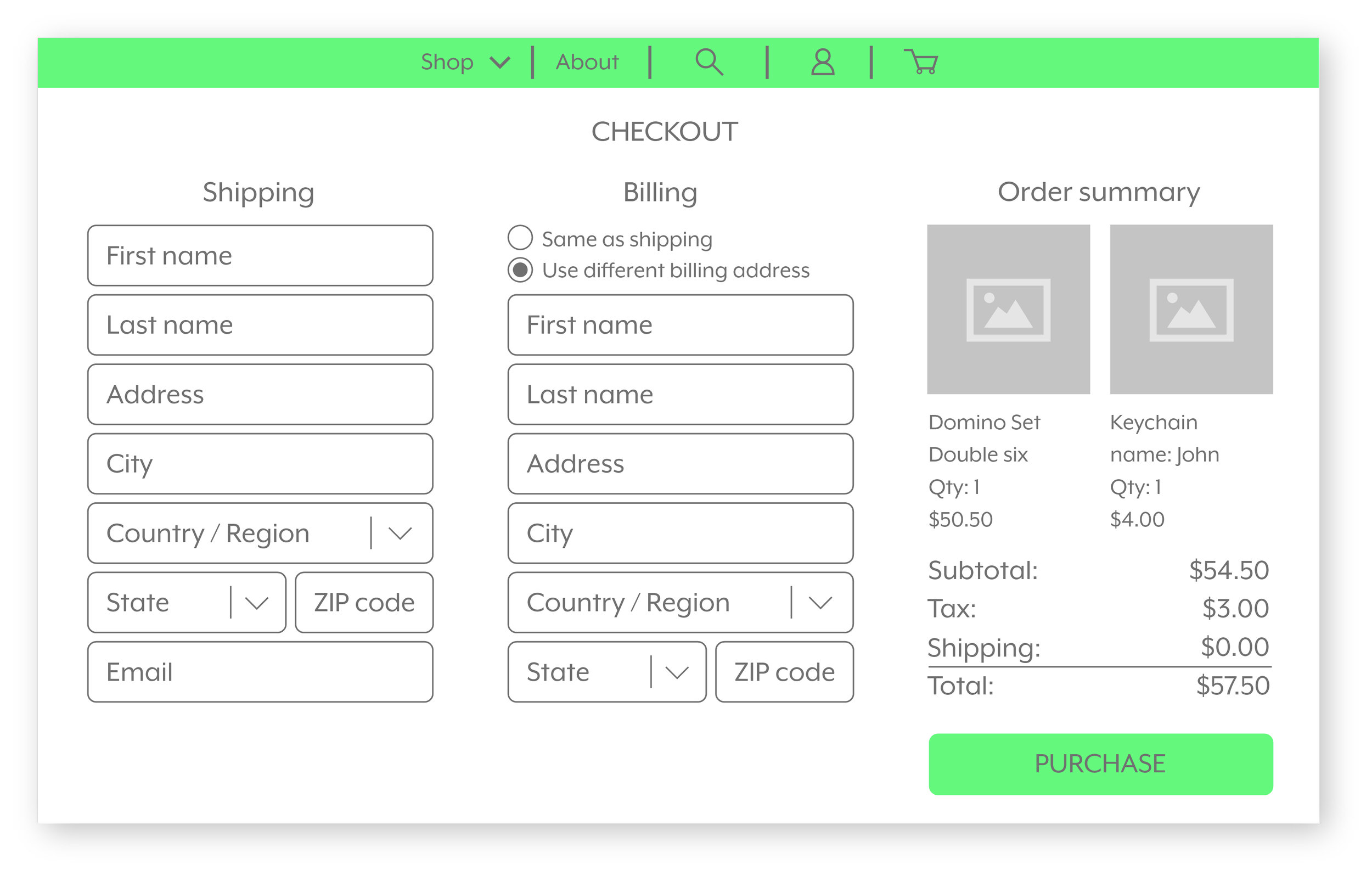 Online checkout webpage with sections for shipping address, billing address, and order summary. Contains input fields for name, address, city, state, ZIP code, and email. Billing options include same or different billing address. Order summary lists items: a double six domino set and a keychain, with quantities, prices, subtotal, tax, and total. Green purchase button at the bottom.