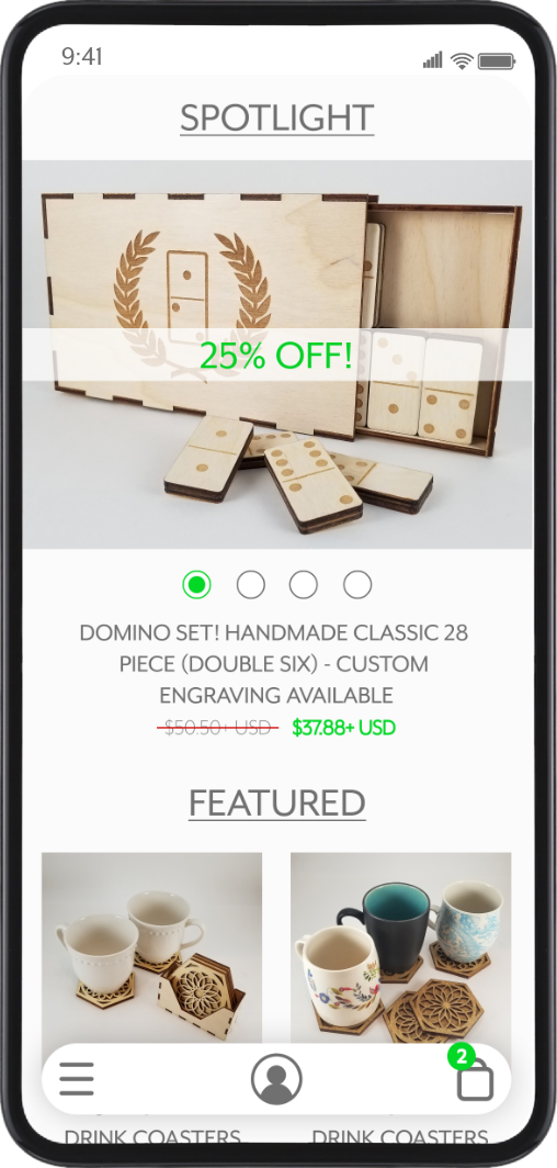 Mobile phone screen displays an online shopping app featuring a wooden domino set with a laurel wreath design, available at 25% off for $37.88, with other drink coasters and cups shown below.
