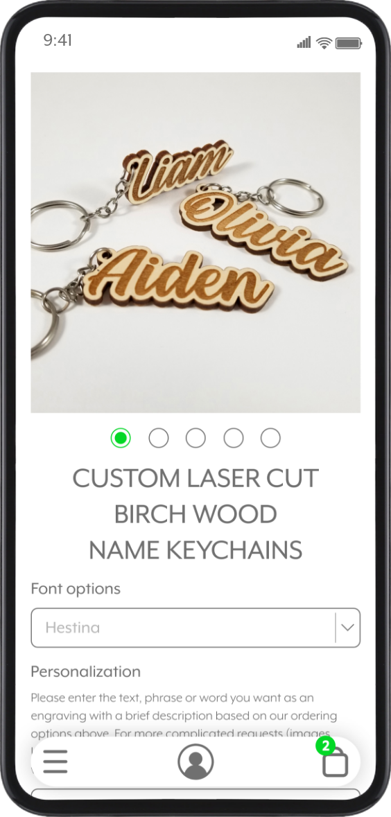 Mobile phone screen displaying custom laser-cut birch wood name keychains with the names Liam, Olivia, and Aiden, arranged on a white background.