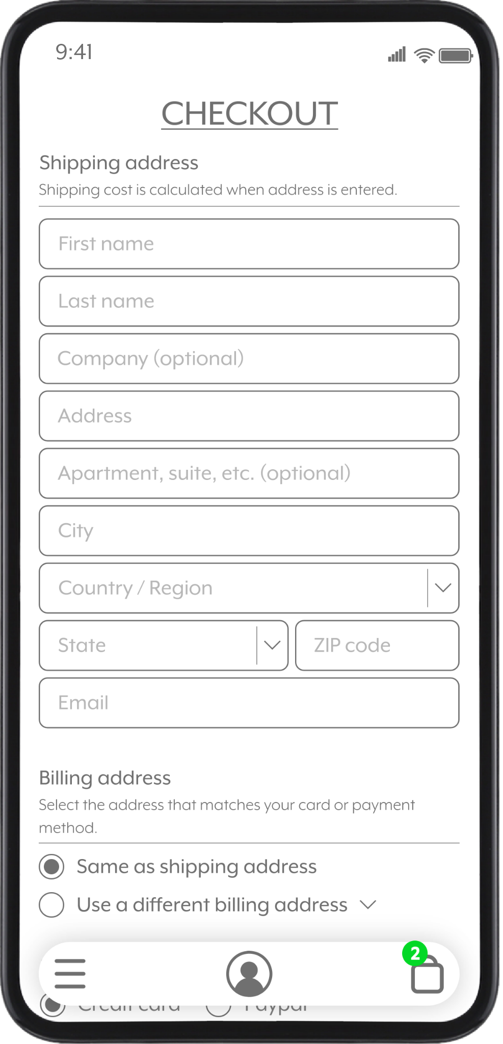 Mobile phone screen displaying a checkout page with a shipping address form and billing address options.