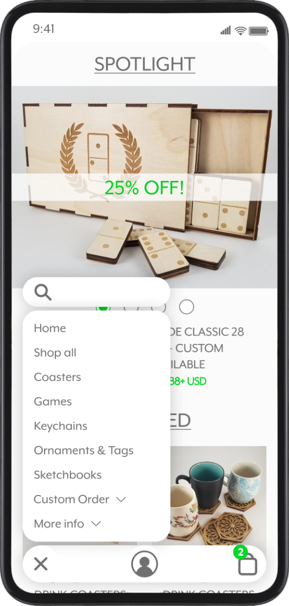 Mobile phone displaying a website with a wooden domino game set and a 25% off promotion banner.