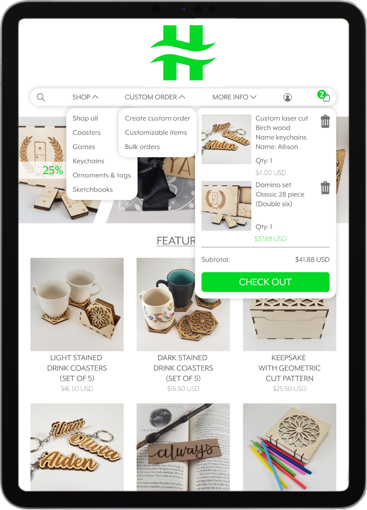 Mobile device screen displaying customizable wooden products, including keychains, coasters, a keepsake box, and decorative cut patterns, with a shopping cart featuring two items and a checkout button.