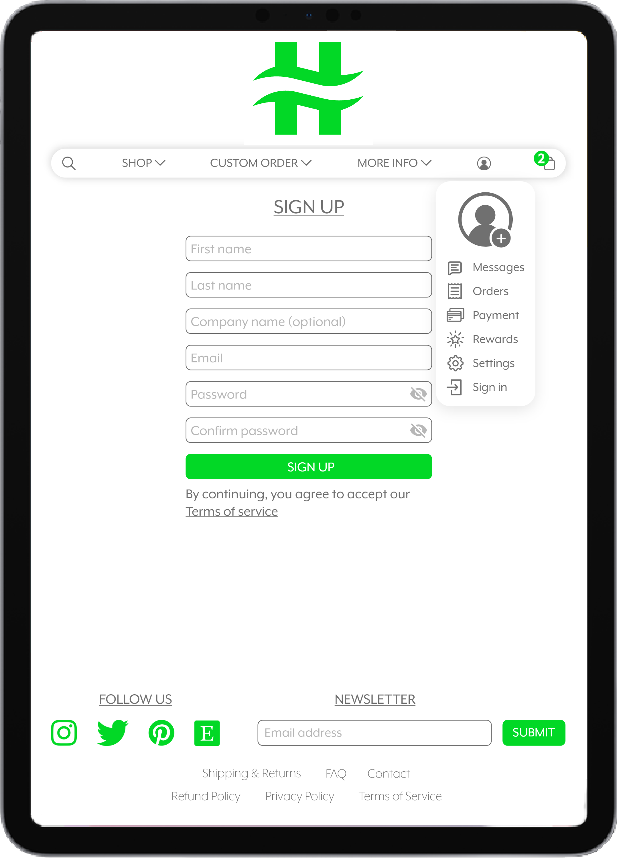 Mobile device screen displaying an online sign-up form with fields for first name, last name, optional company name, email, password, and confirm password, with a prominent green 'Sign Up' button; navigation menu at top, social media links at bottom, and a green logo at the top center.