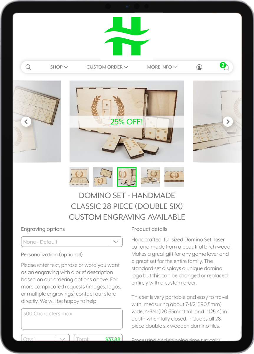 Mobile device screen displaying a handmade wooden domino set with a '25% OFF' promotion banner.