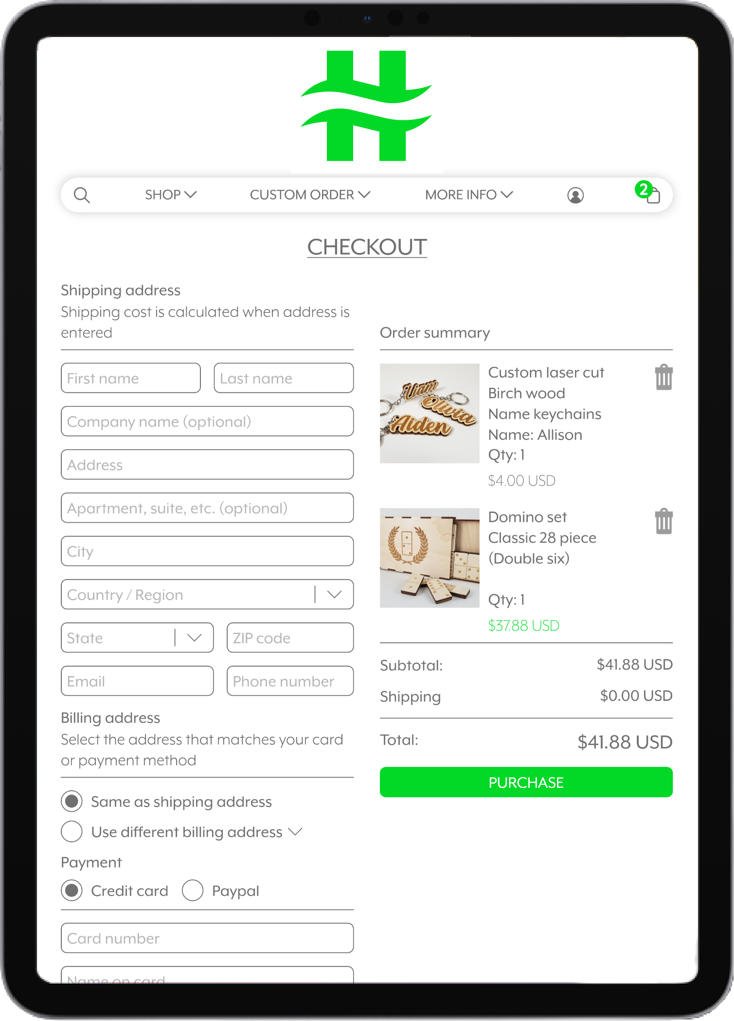 Mobile device screen displaying an online checkout page with a list of selected custom keychains and domino set, along with billing details and a green 'PURCHASE' button.