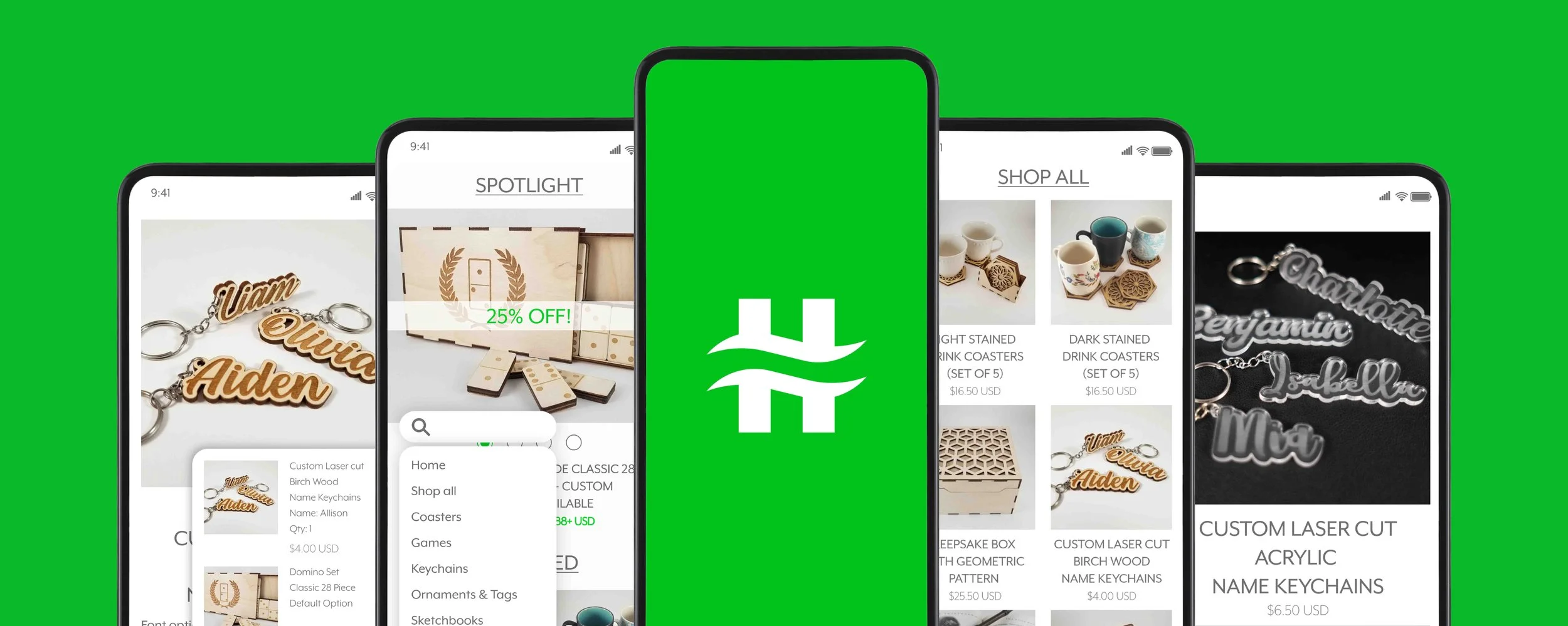 Multiple smartphones displaying a shopping app interface, with product images including keychains, coasters, and laser-cut items, set against a green background with a white logo in the center.
