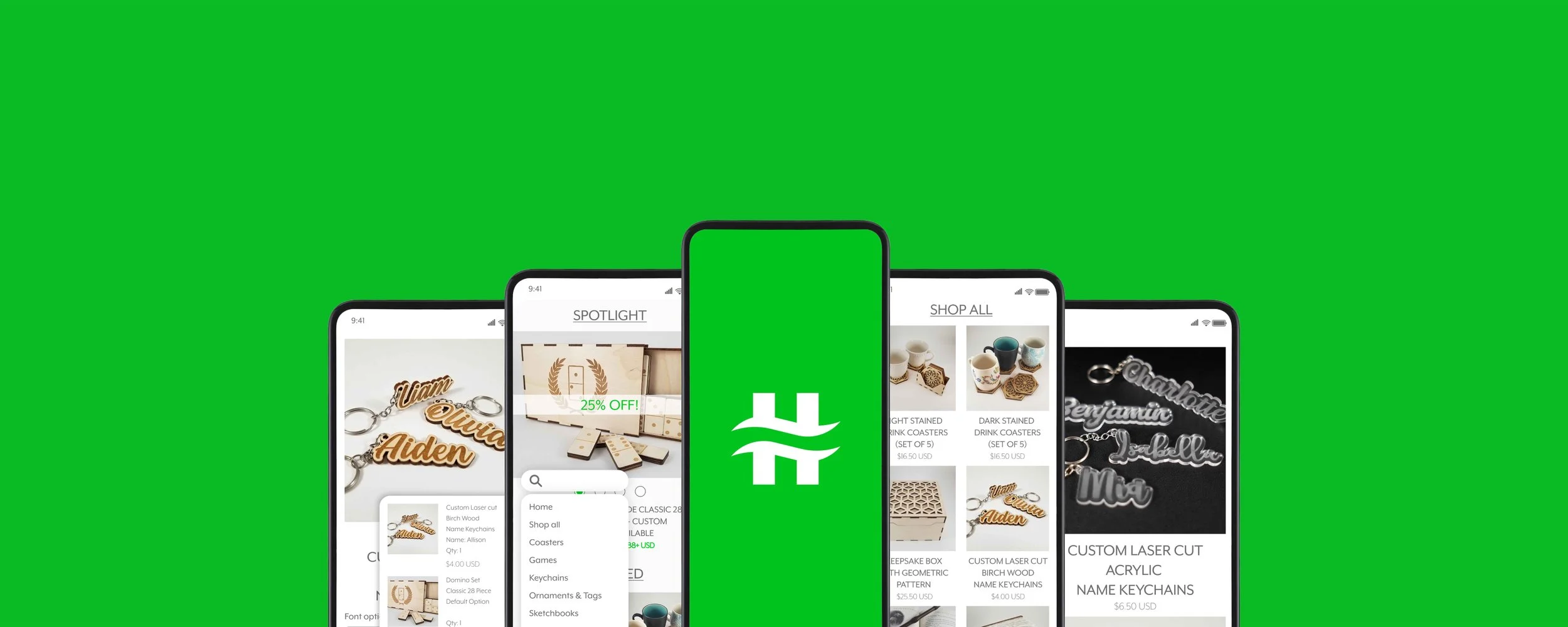 Multiple smartphones displaying a shopping app interface, with product images including keychains, coasters, and laser-cut items, set against a green background with a white logo in the center.