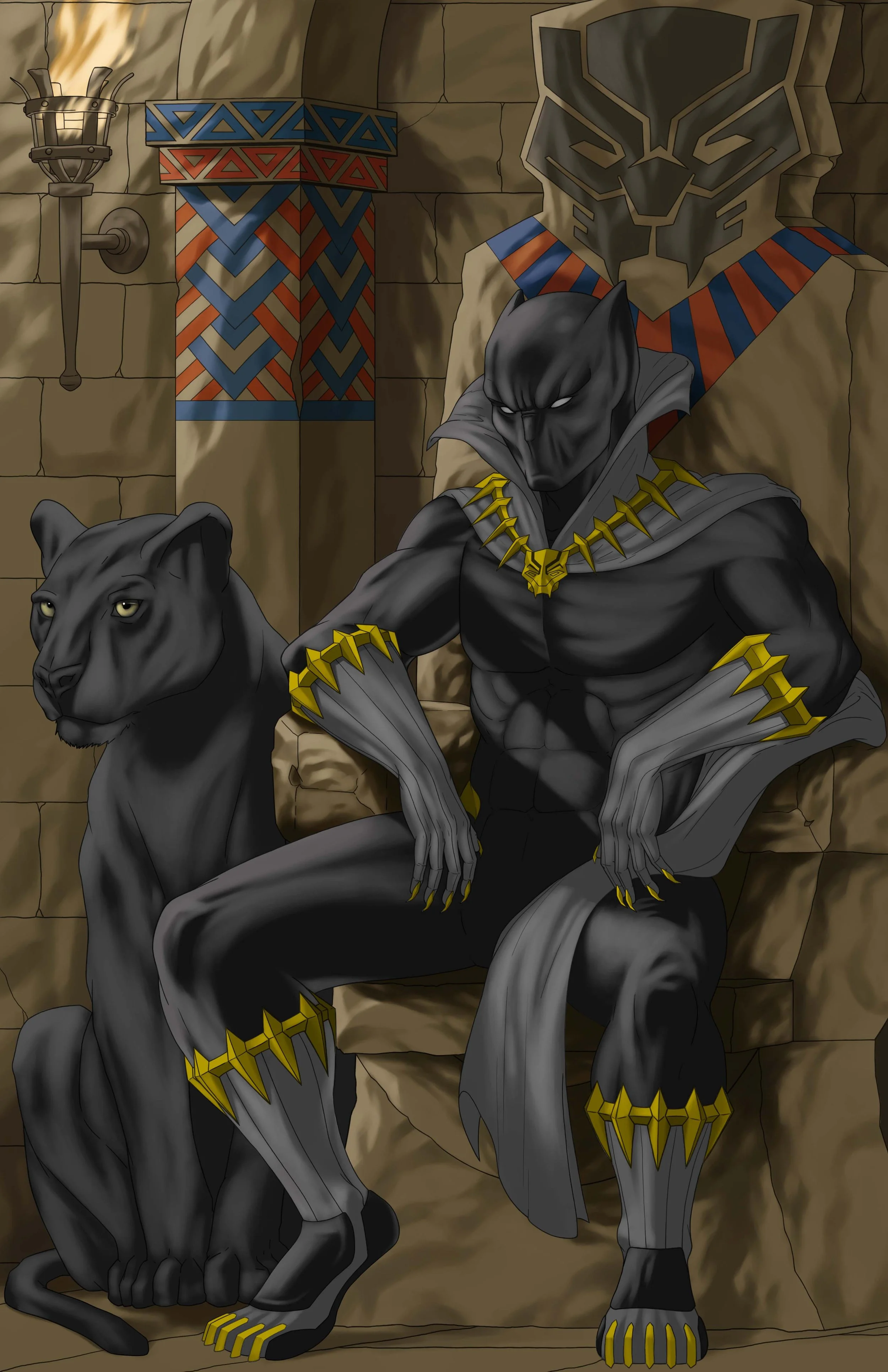 Black Panther is seated on a stone throne with a rustic background, and beside him is a real panther, along with a lit sconce on the wall.