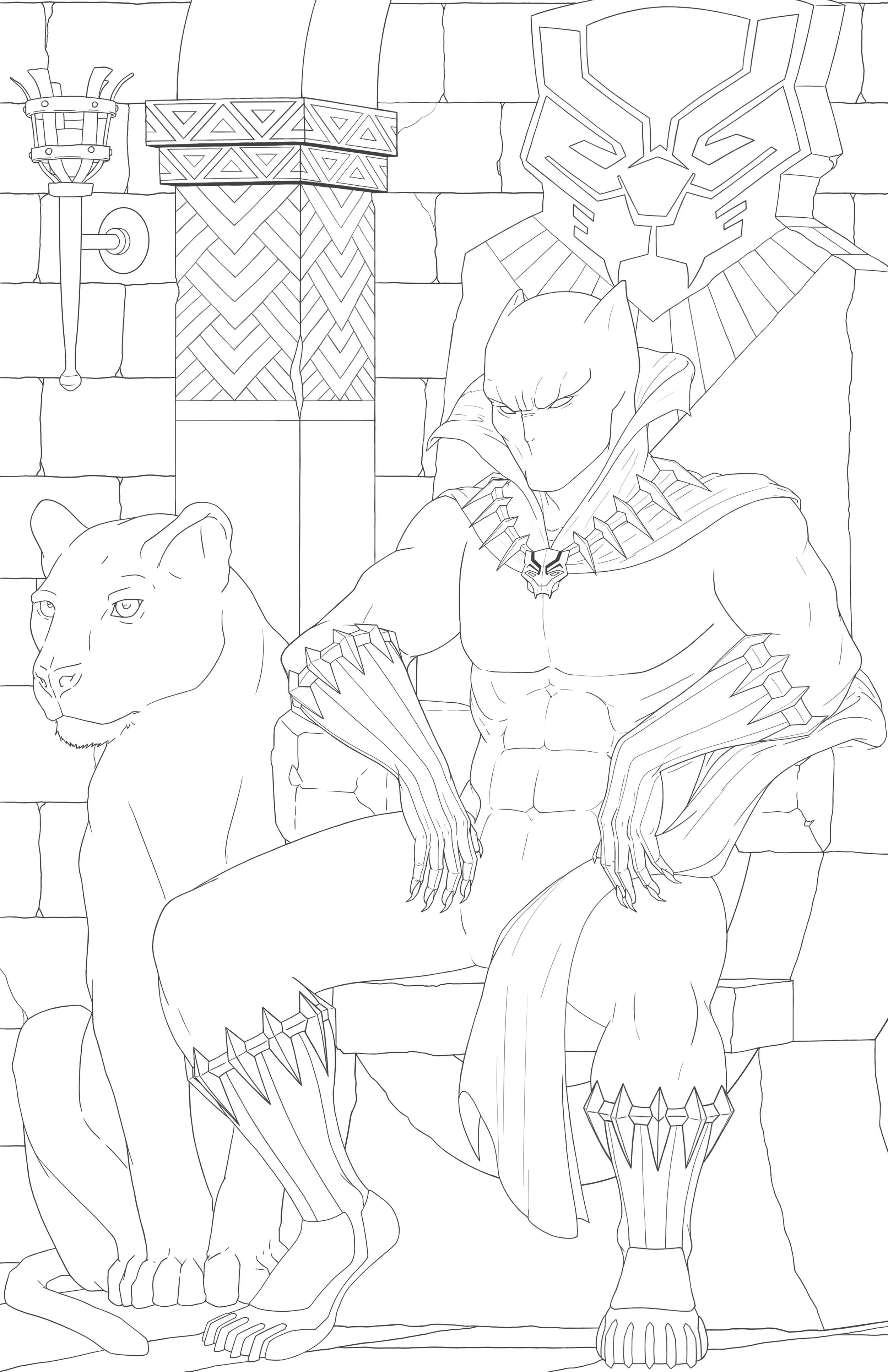 A line drawing of Black Panther is seated on a stone throne with a rustic background, and beside him is a real panther, along with a sconce on the wall.