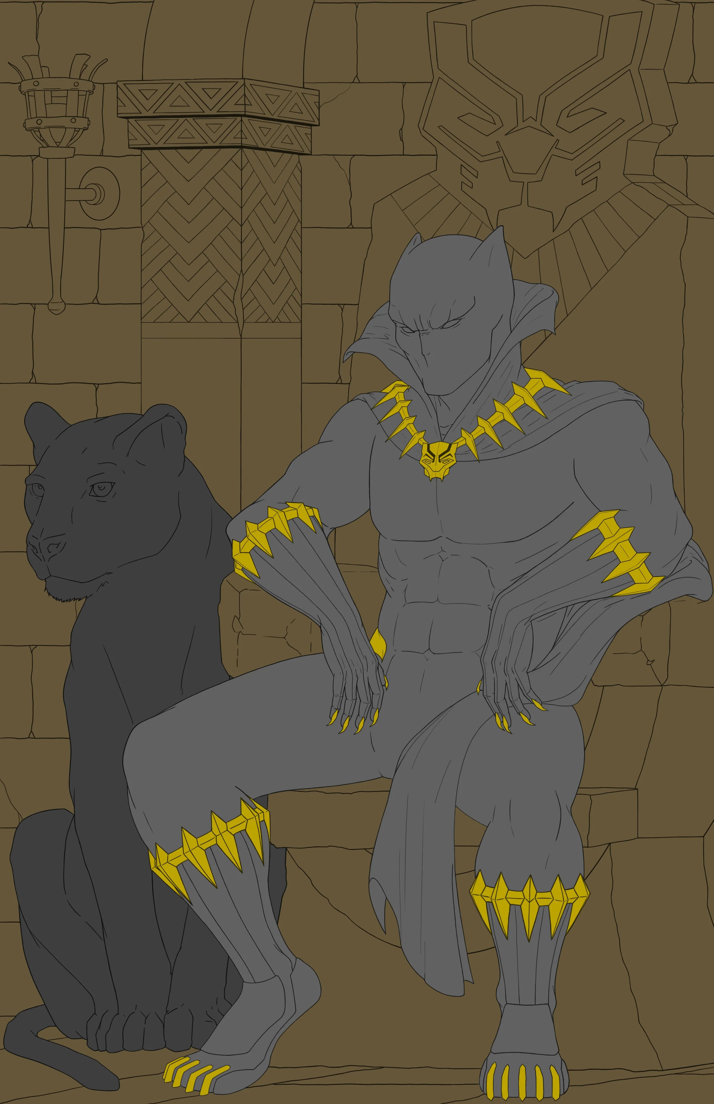 A line drawing of Black Panther is seated on a stone throne against a rustic background, and beside him is a real panther. A sconce on the wall completes the scene, and the entire artwork is painted in solid colors.