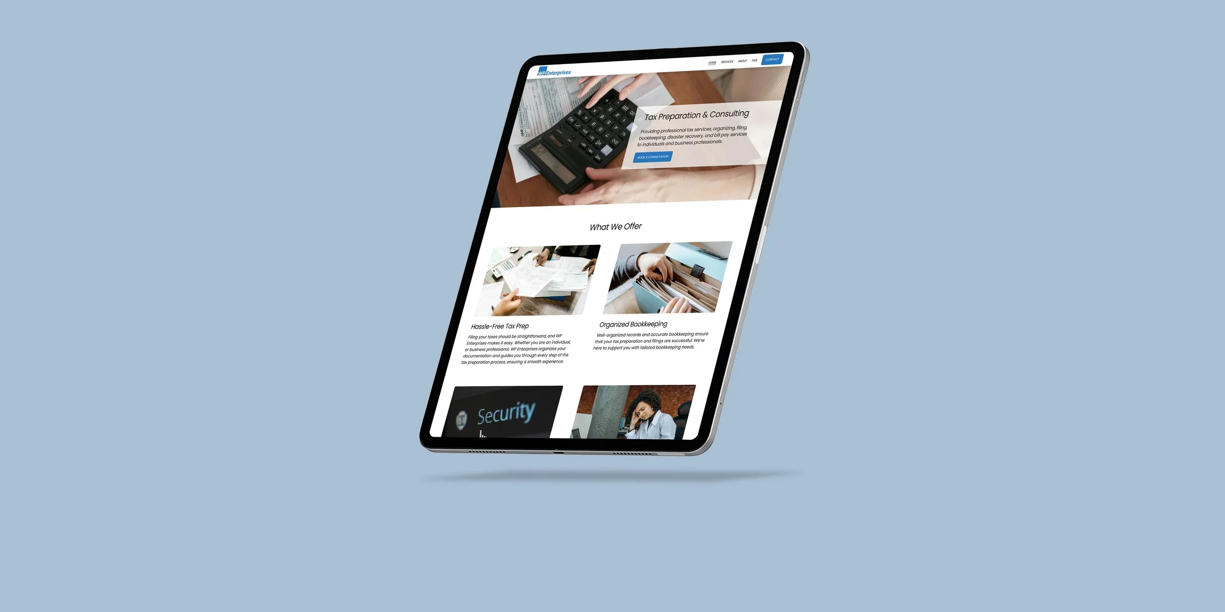 Tablet displaying a website for tax preparation and consulting services, with images of a calculator, documents, and people working at desks.