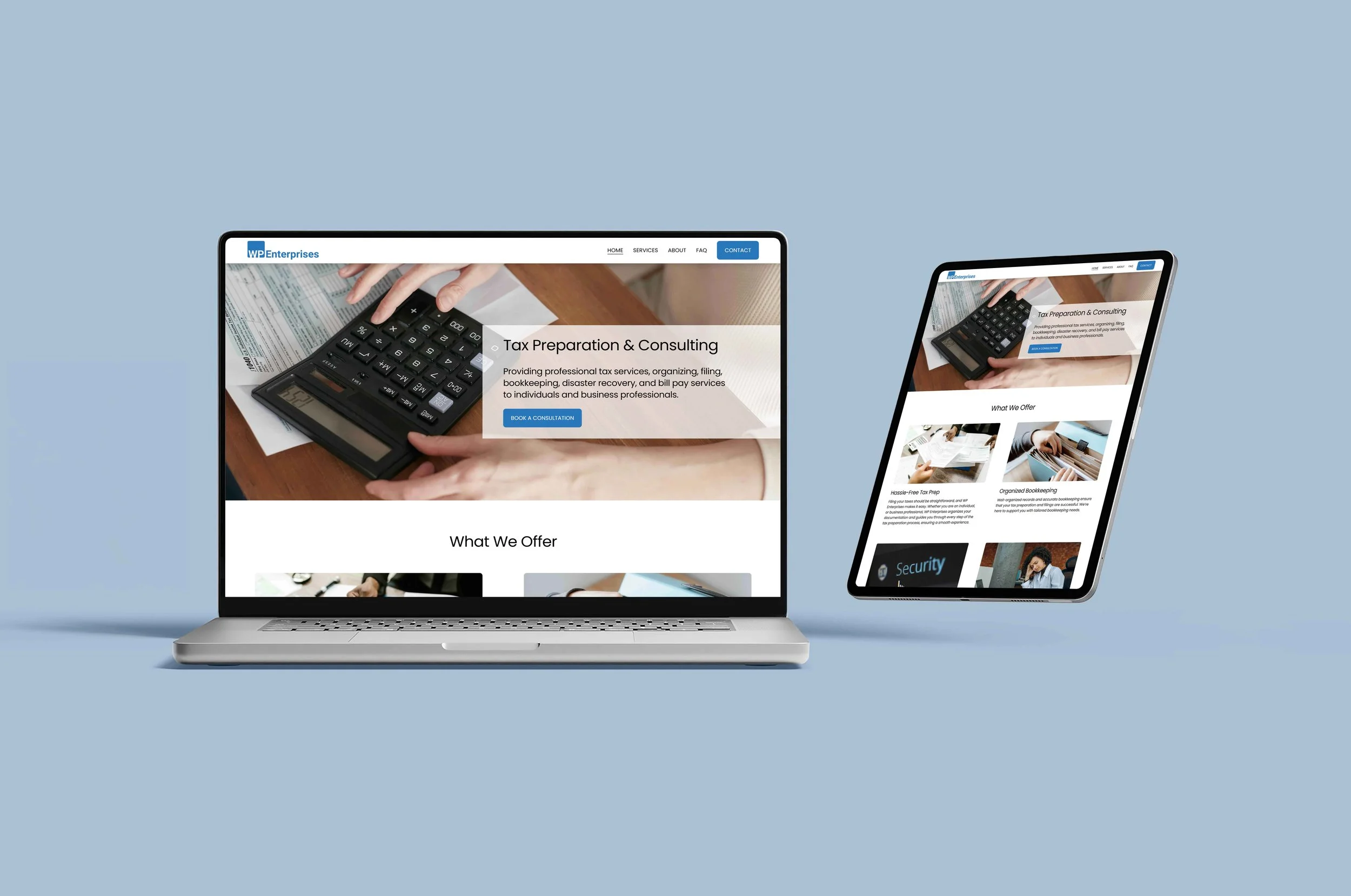 Laptop and tablet displaying a website about tax preparation and consulting with images of a calculator and people working.