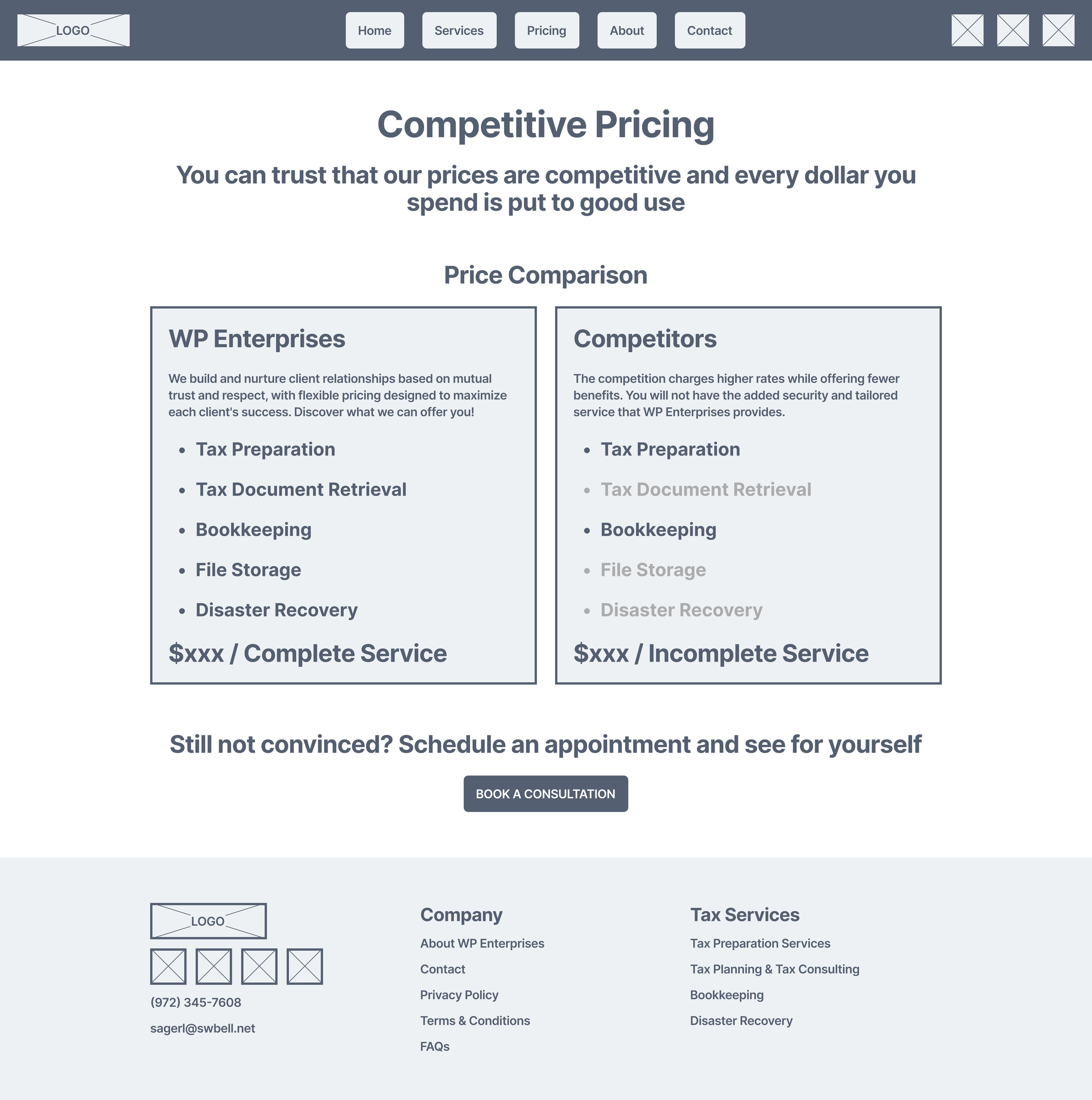 Webpage displaying services comparison for WP Enterprises and competitors, focusing on competitive pricing for tax and bookkeeping services.