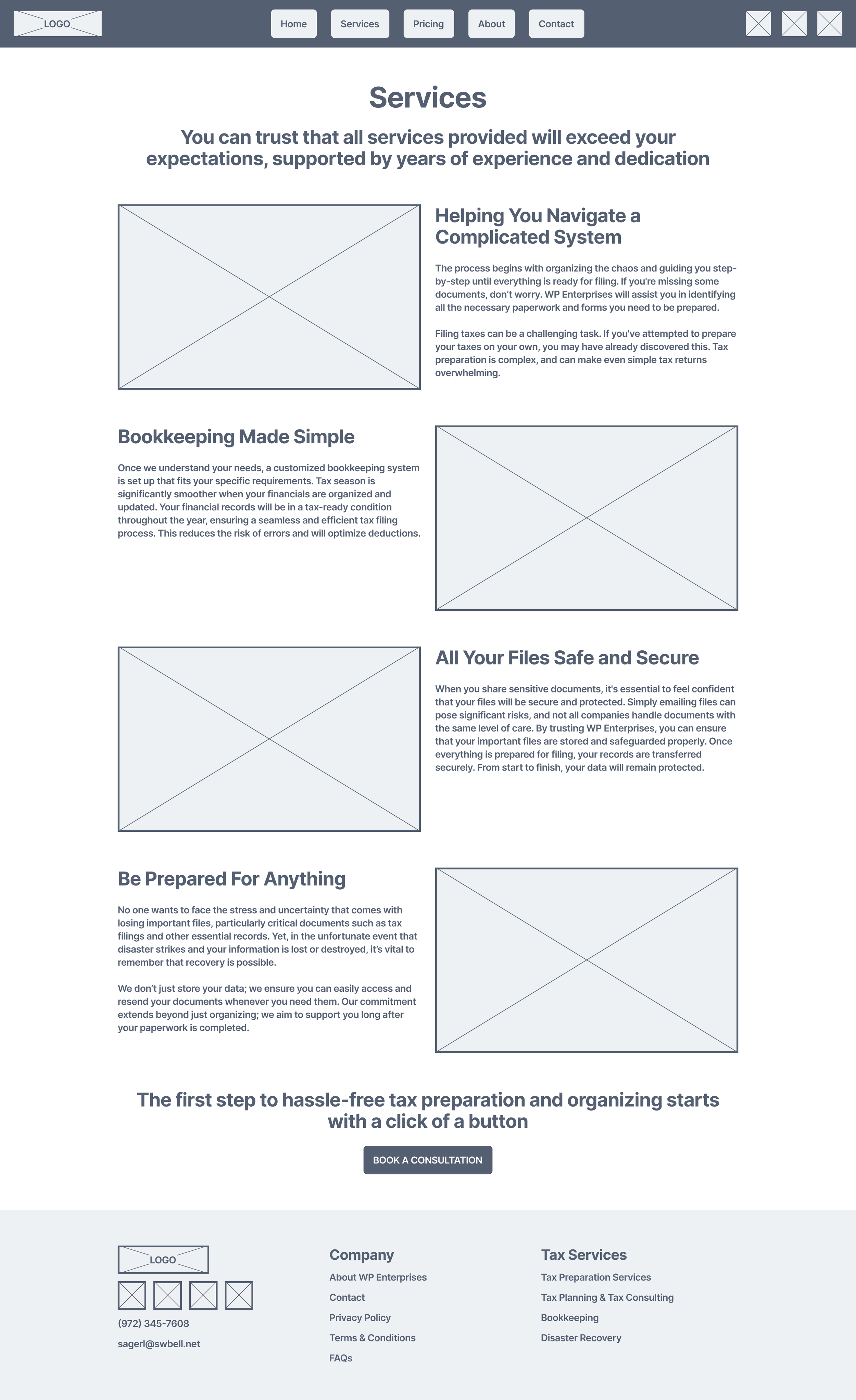 Webpage showing tax and bookkeeping services with sections titled 'Helping You Navigate a Complicated System,' 'Bookkeeping Made Simple,' 'All Your Files Safe and Secure,' and 'Be Prepared For Anything.' Includes a 'Book a Consultation' button and footer with contact info.