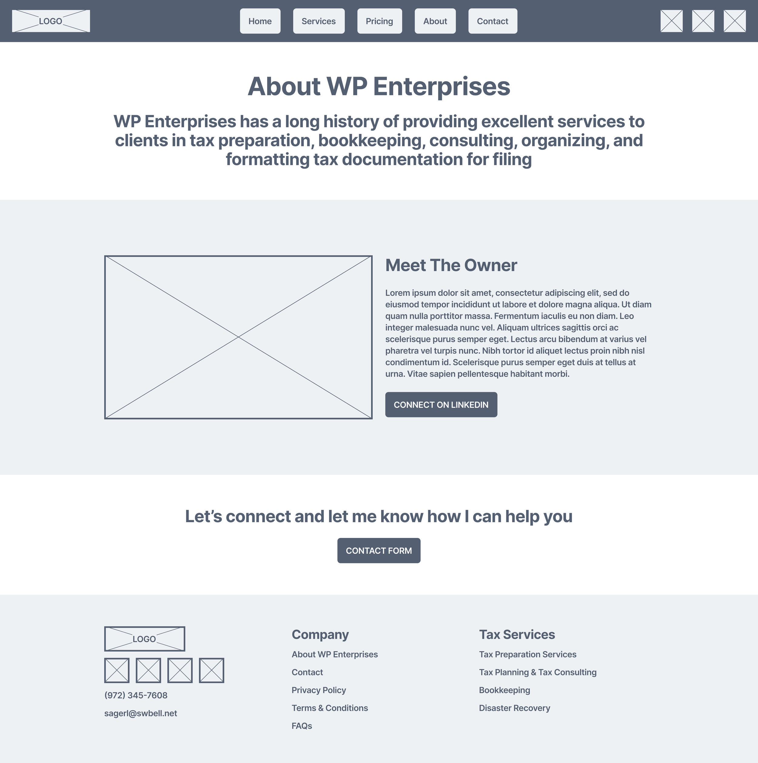 Webpage layout for WP Enterprises with navigation menu, company introduction, a 'Meet The Owner' section with placeholder image, contact prompts, and footer with company details and services.
