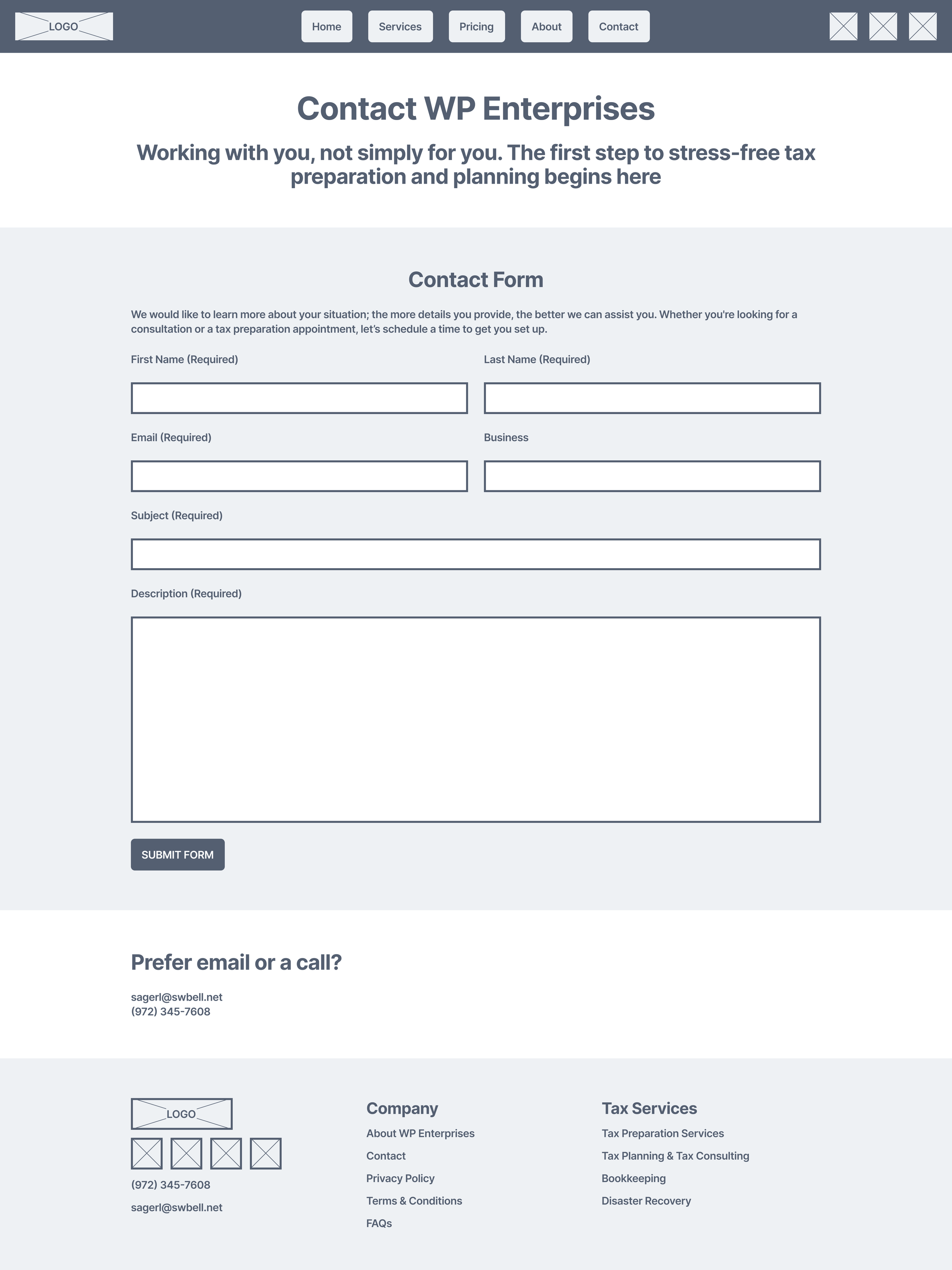 Webpage with contact form for WP Enterprises, featuring a navigation menu, company logo, and contact details at the bottom.
