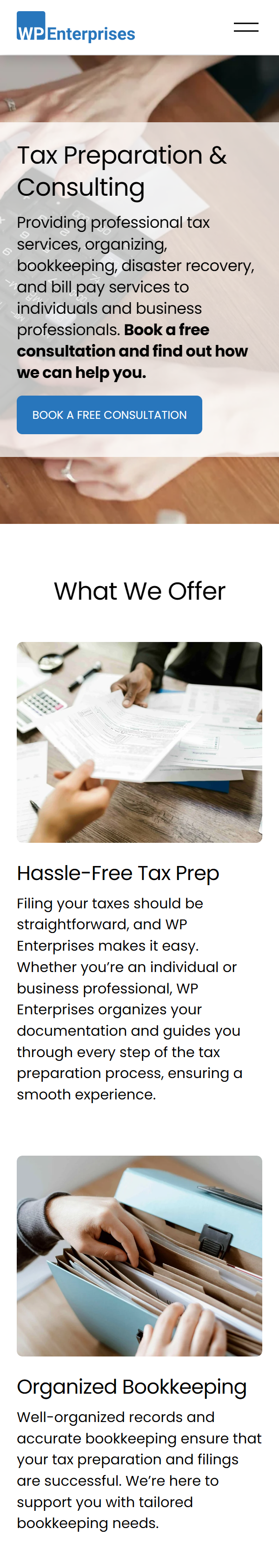 Website homepage for WP Enterprises offering tax preparation and consulting services, with sections highlighting free consultations, tax prep, and bookkeeping support.
