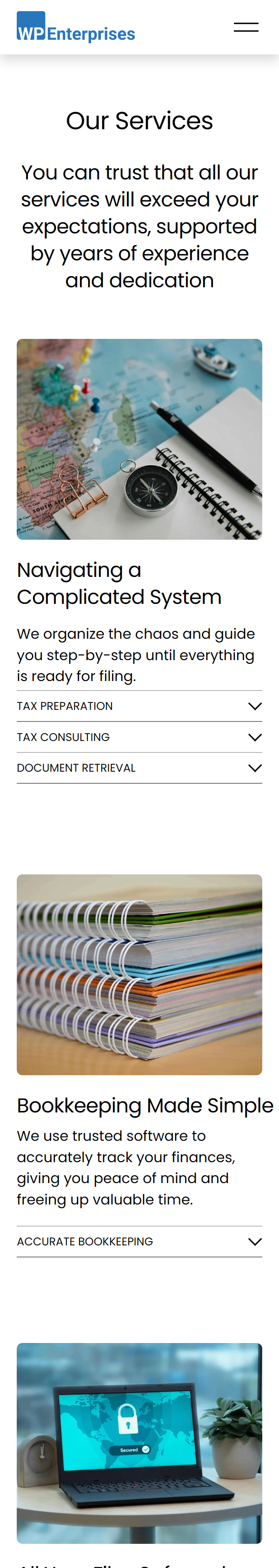 Screenshot of a website for WP Enterprises, showcasing their services including navigating complex systems, bookkeeping made simple, with images of a world map with pins, stacked notebooks, and a laptop with a security image.