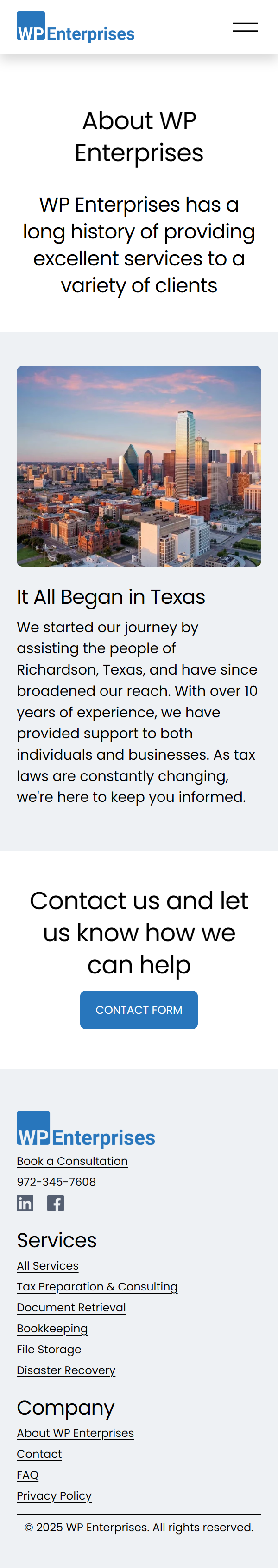 Mobile website homepage for WP Enterprises featuring a cityscape image, company information, services, contact details, and navigation menu.