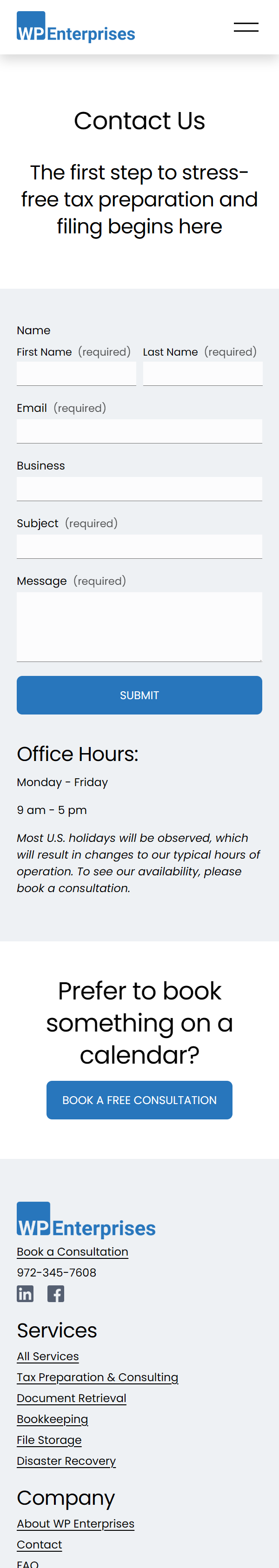 Mobile screenshot of WP Enterprises contact webpage with a form for name, email, business, subject, message, and options to book a consultation, office hours, and company information.