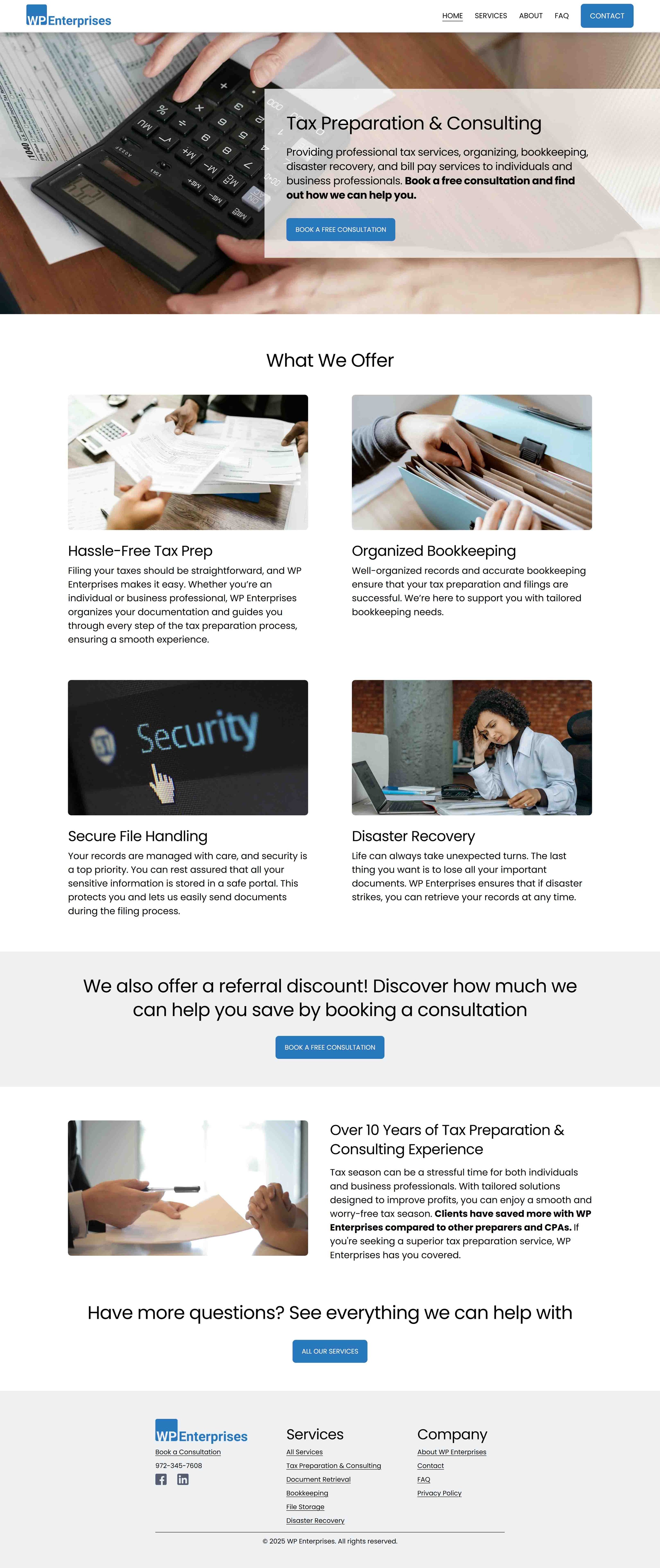 Homepage of WP Enterprises home page with a banner image showing a person using a calculator and documents, and sections detailing services like tax prep, bookkeeping, file handling, disaster recovery, and booking a free consultation.