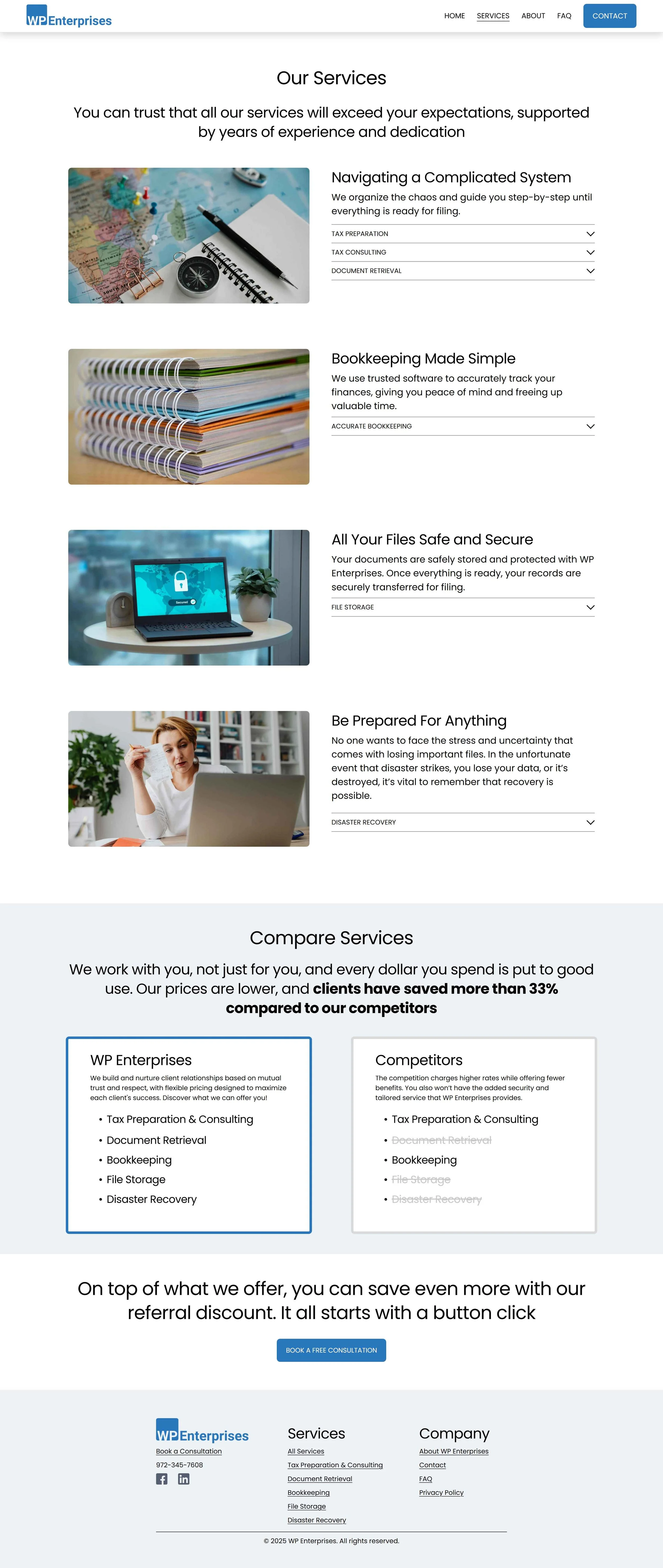 Screenshot for WP Enterprises displaying their services, including navigation system, bookkeeping, file storage, and disaster recovery, with images and descriptions for each service, a comparison chart, and contact information.