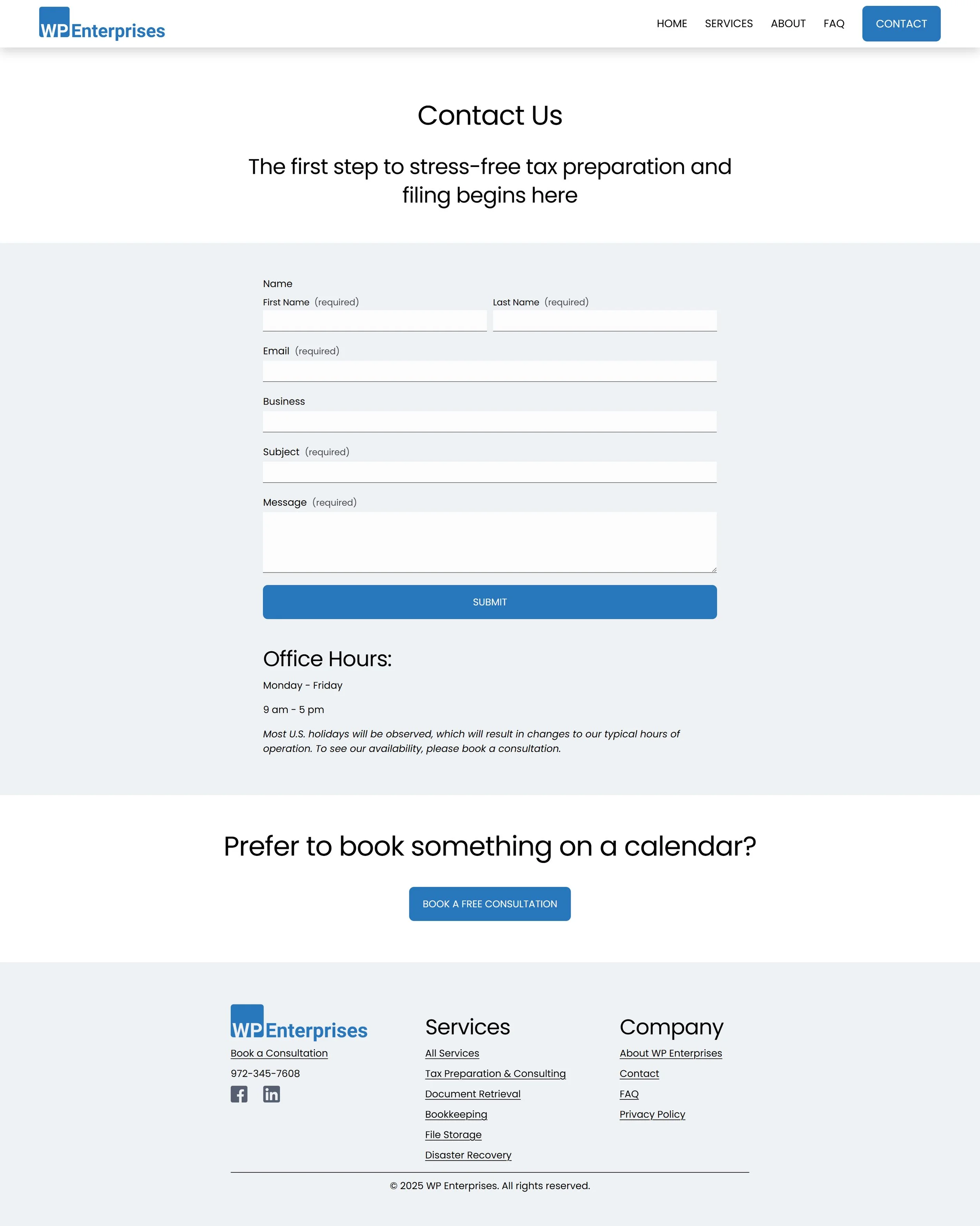 'Contact Us' page with a contact form, office hours, and options to book a consultation. The page has a navigation menu with links to Home, Services, About, FAQ, and a Contact button. There is a footer with company information and social media icons.