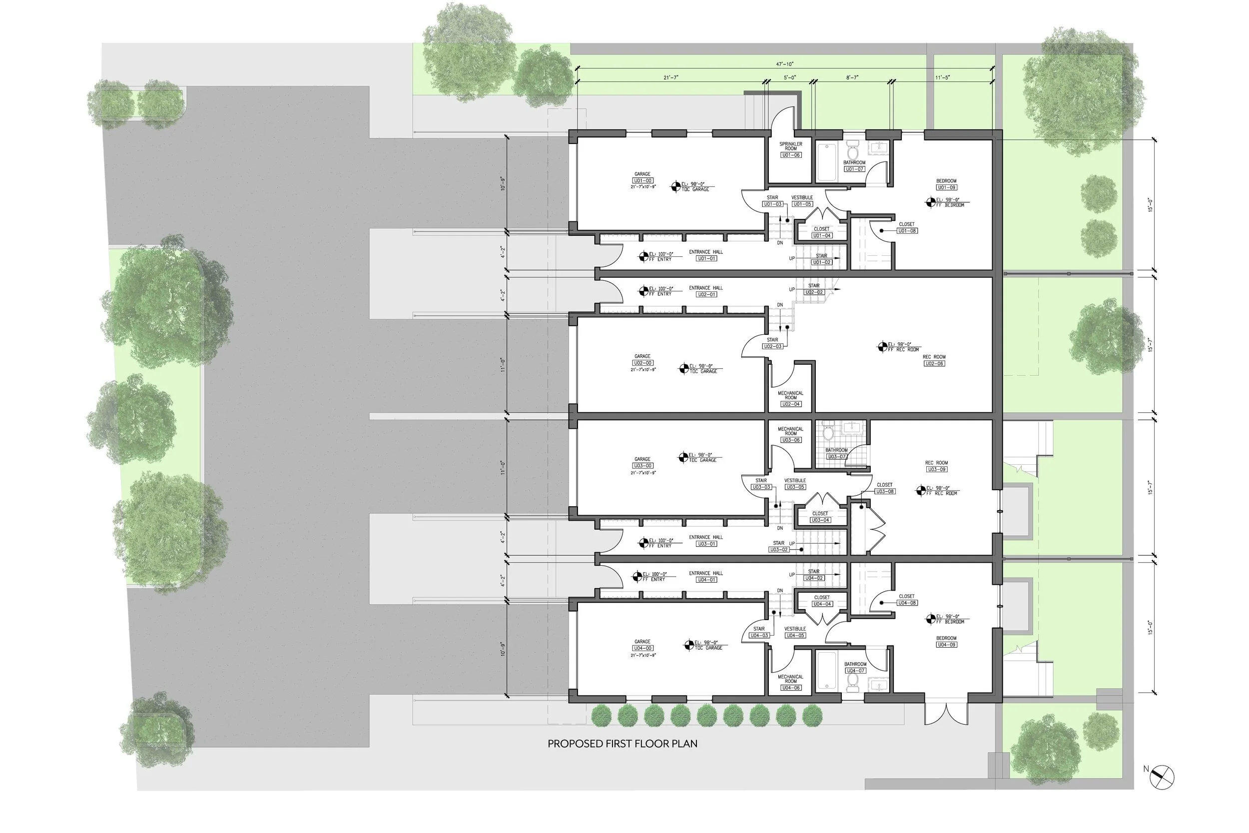 Architectural blueprint of a building's first floor with room labels, measurements, and surrounding landscaping, including trees and green areas.
