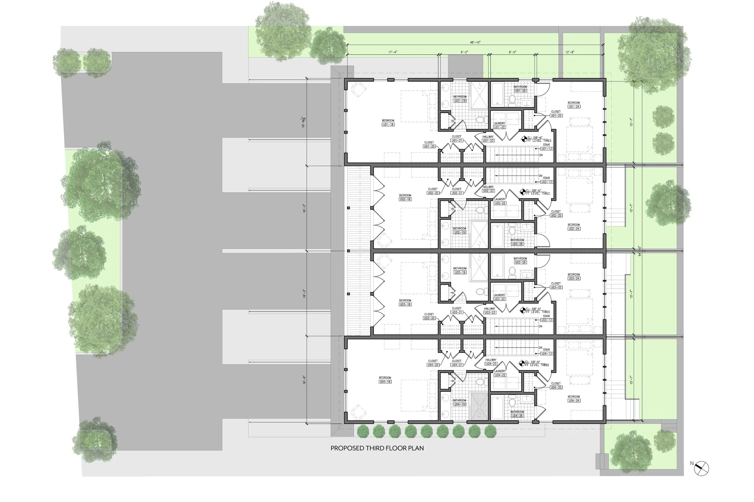 Architectural floor plan of a proposed third-floor layout with labeled bedrooms, bathrooms, closets, and hallways, surrounded by trees and outdoor green areas.